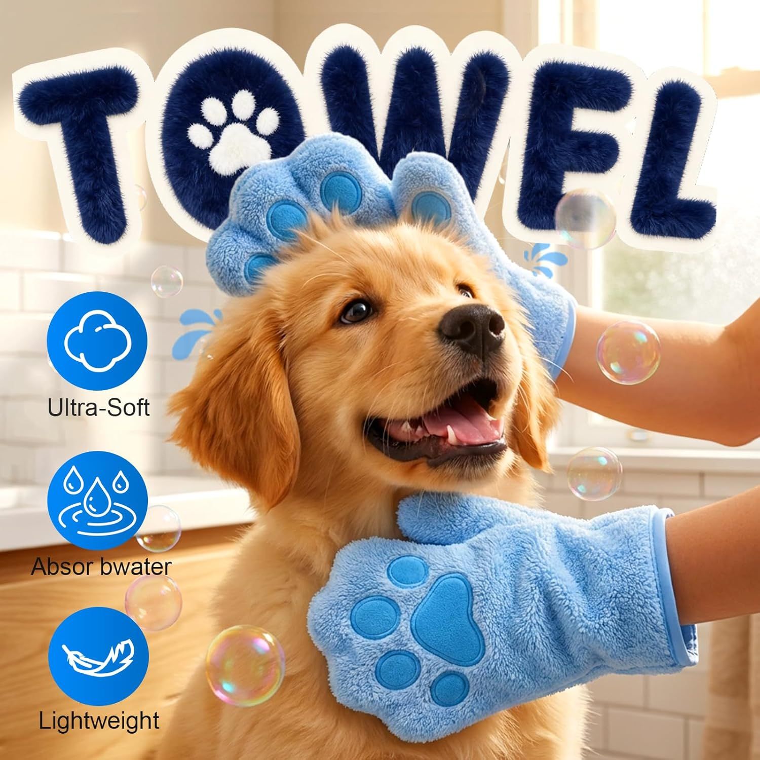 Paw Bathing Towel for Cats Puppy, Machine-Washable Reusable Pet Grooming Towel - Soft, Absorbent Quick-Dry Bath Mitt for Dirt Odor Removal, Daily Care & Travel Blue
