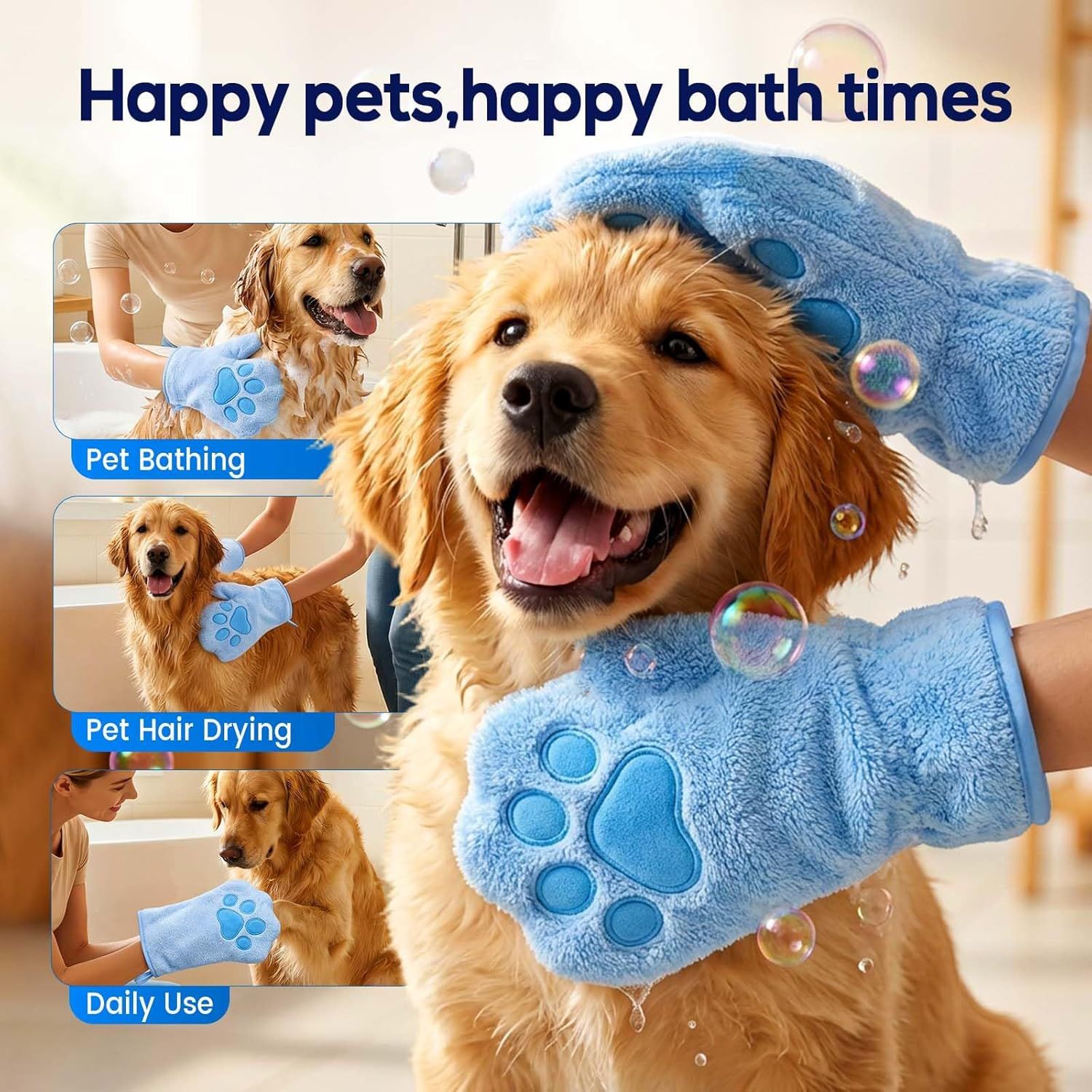 Paw Bathing Towel for Cats Puppy, Machine-Washable Reusable Pet Grooming Towel - Soft, Absorbent Quick-Dry Bath Mitt for Dirt Odor Removal, Daily Care & Travel Blue