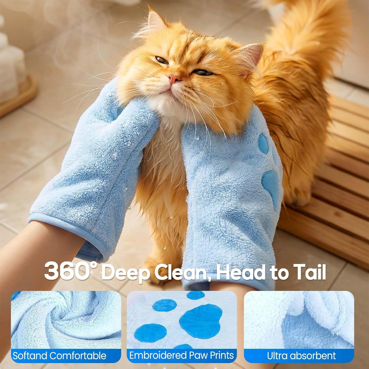 Paw Bathing Towel for Cats Puppy, Machine-Washable Reusable Pet Grooming Towel - Soft, Absorbent Quick-Dry Bath Mitt for Dirt Odor Removal, Daily Care & Travel Blue