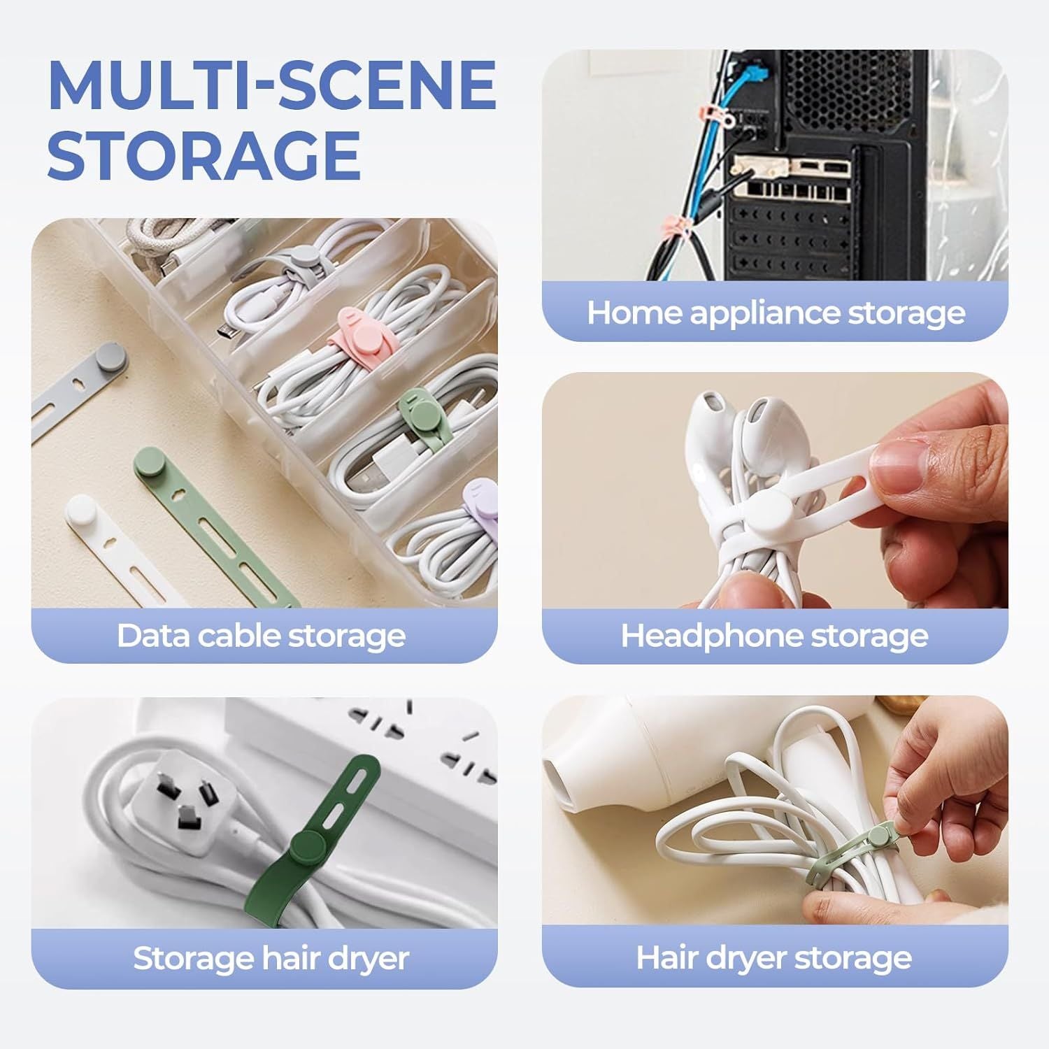 10 Pack Reusable Silicone Cable Ties - Adjustable Cord Organizer for Earphone, Phone Charger, Computer Cords - Office, Home Organization and Storage, Travel Essentials