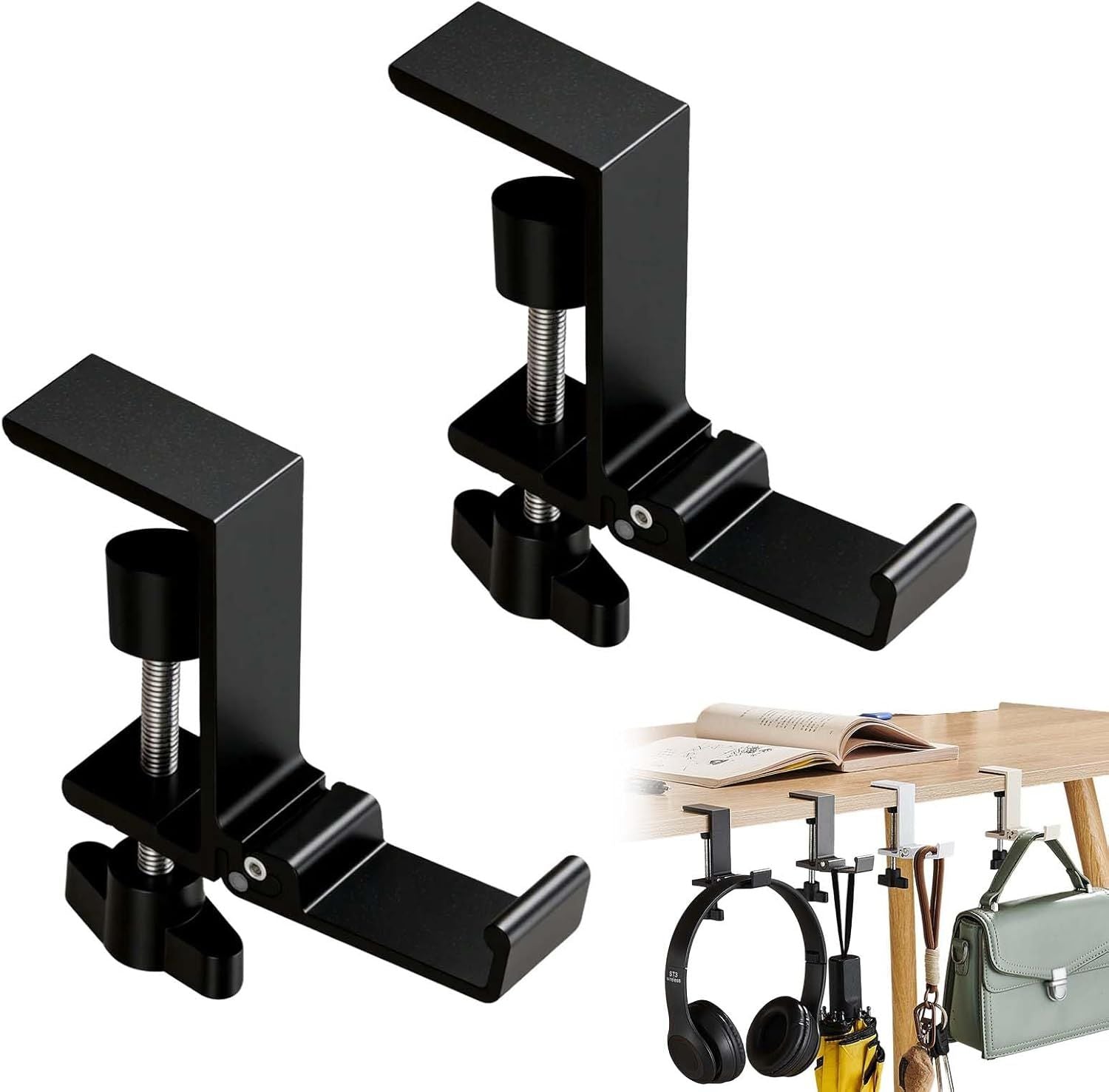Headphone Stand, Purse Hook for Table, Foldable Space-Saving Headphone Bag Holder, Multifunctional Desk Hooks with Adjustable Clamp-On Design, Office, Dormitory, Home Accessories black, 2pcs