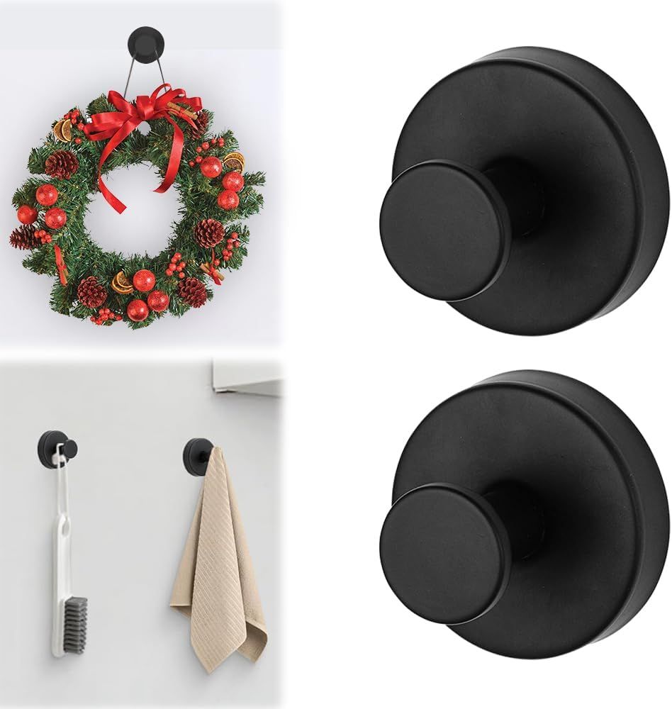 Suction Cup Hooks - 2025 Upgraded Stainless Steel Heavy Duty No Drill Hooks for Wreaths on Glass, Shower Towels & Front Door 2, Black
