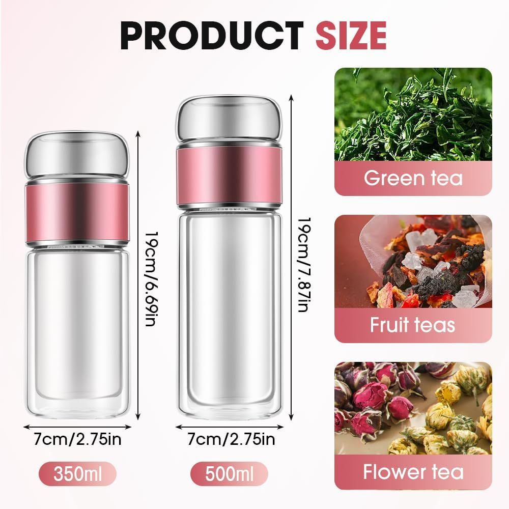 Double Wall Glass Tea Infuser Bottle Tumbler - 12oz/350ml Leakproof Travel Mug with Stainless Steel Filter for Loose Leaf Tea & Fruit Water, Hot or Cold Ready, Suit for Office Travel Home rose gold