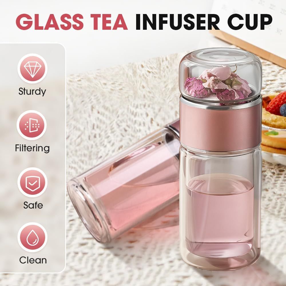 Double Wall Glass Tea Infuser Bottle Tumbler - 12oz/350ml Leakproof Travel Mug with Stainless Steel Filter for Loose Leaf Tea & Fruit Water, Hot or Cold Ready, Suit for Office Travel Home rose gold