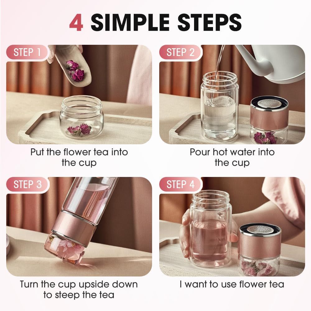 Double Wall Glass Tea Infuser Bottle Tumbler - 12oz/350ml Leakproof Travel Mug with Stainless Steel Filter for Loose Leaf Tea & Fruit Water, Hot or Cold Ready, Suit for Office Travel Home rose gold