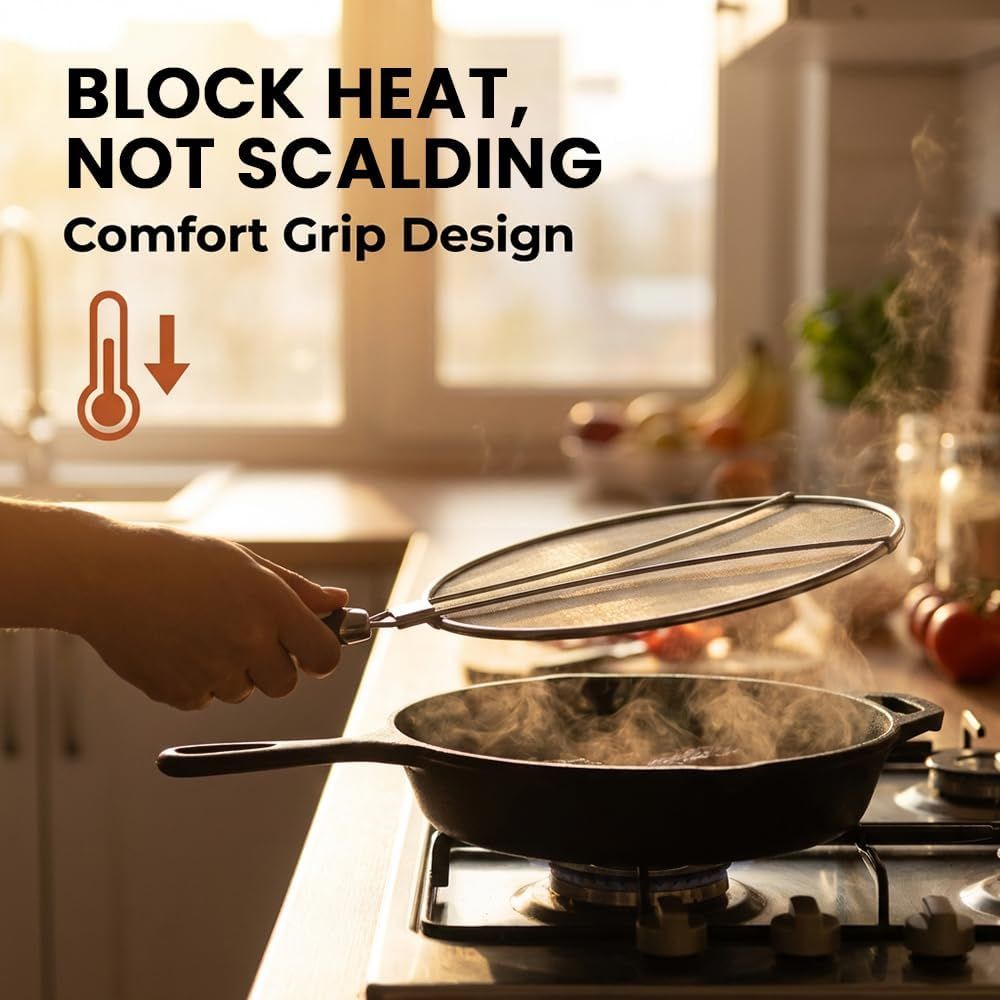 Stainless Steel Grease Splatter Guard, 11-Inch Fine Mesh Cover with Adjustable Comfort Grip Handle, Oil Splash Screen for Frying Pan, Cooking Pots, Skillet 1