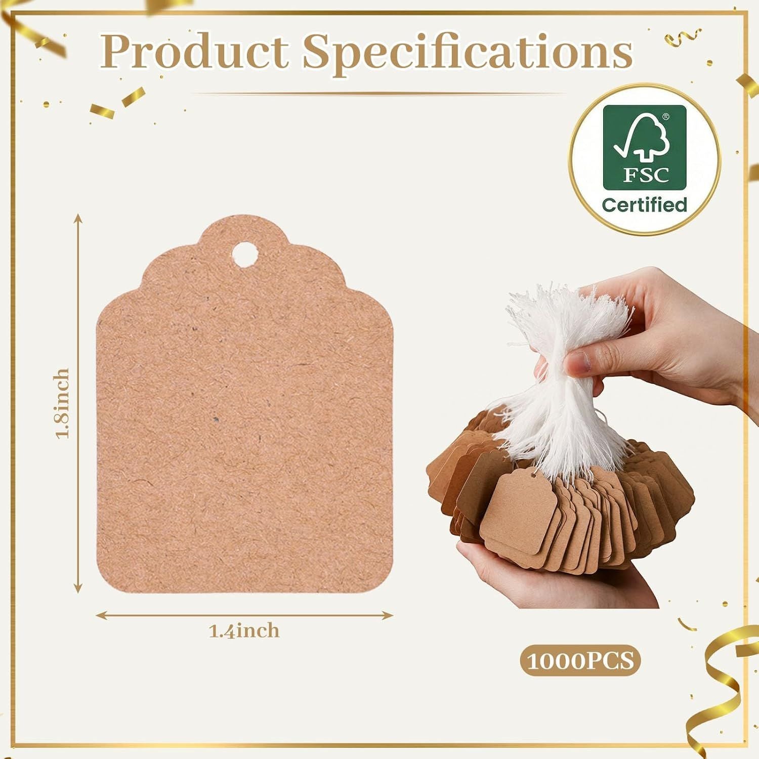 1000PCS Price Tags with String, Gift Tags with String Attached, 1.8 x 1.4 inch Kraft Paper Hang Labels for Clothes DIY Crafts Wedding Holiday Brown