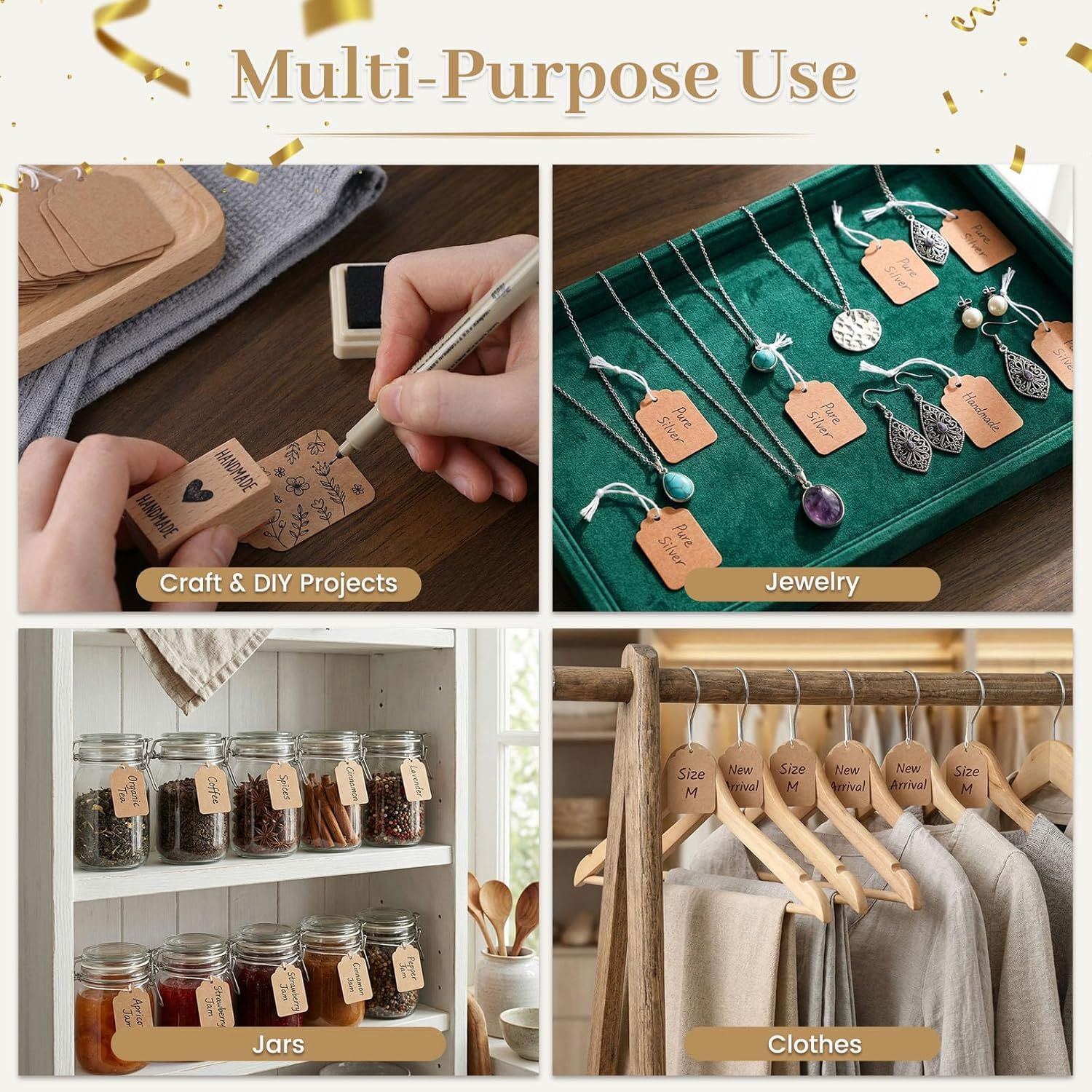 1000PCS Price Tags with String, Gift Tags with String Attached, 1.8 x 1.4 inch Kraft Paper Hang Labels for Clothes DIY Crafts Wedding Holiday Brown