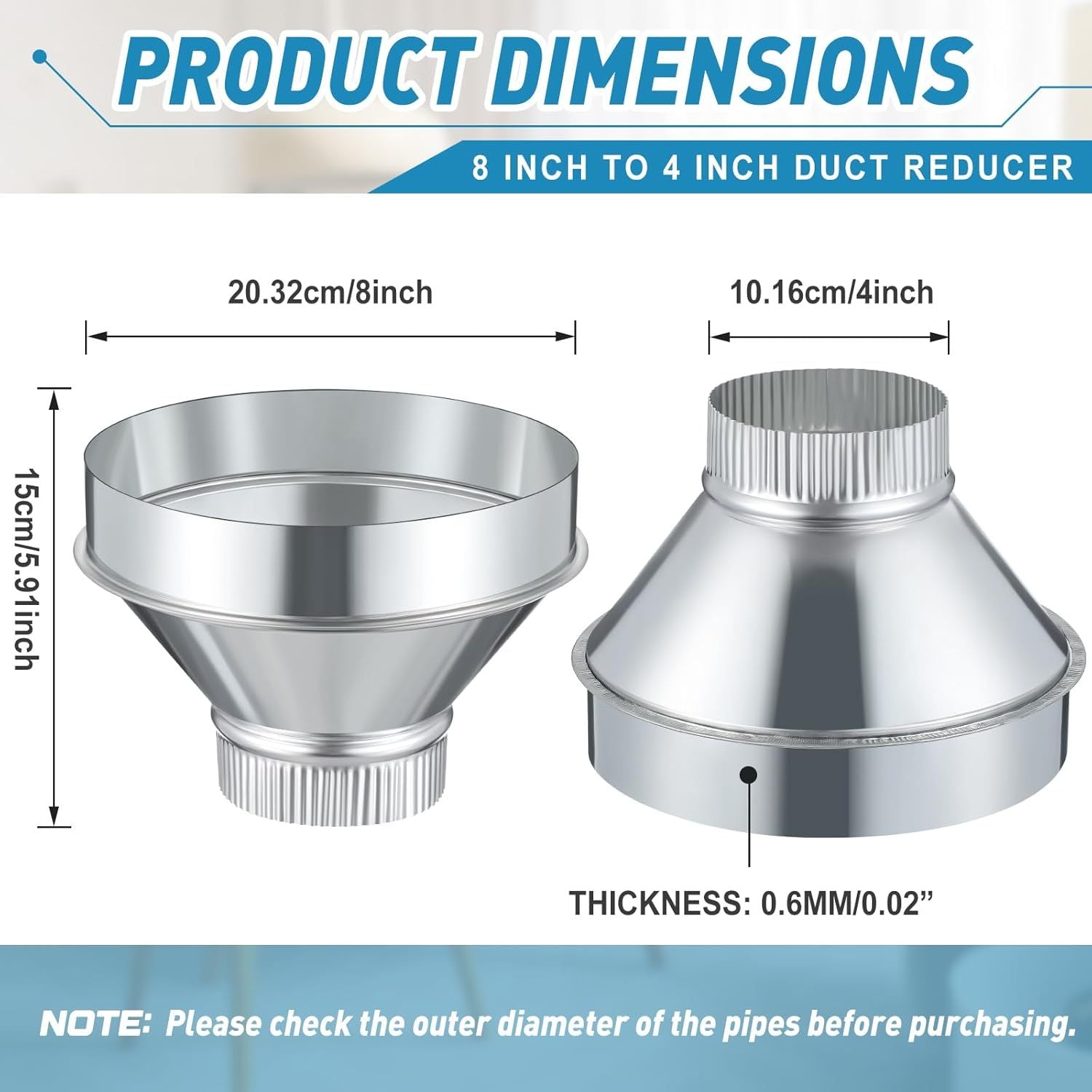 8 Inch to 4 Inch Duct Reducer Increaser Galvanized Steel Air Duct Adapter Round Crimped Pipe Connector Fitting Coupling for HVAC Ventilation Systems