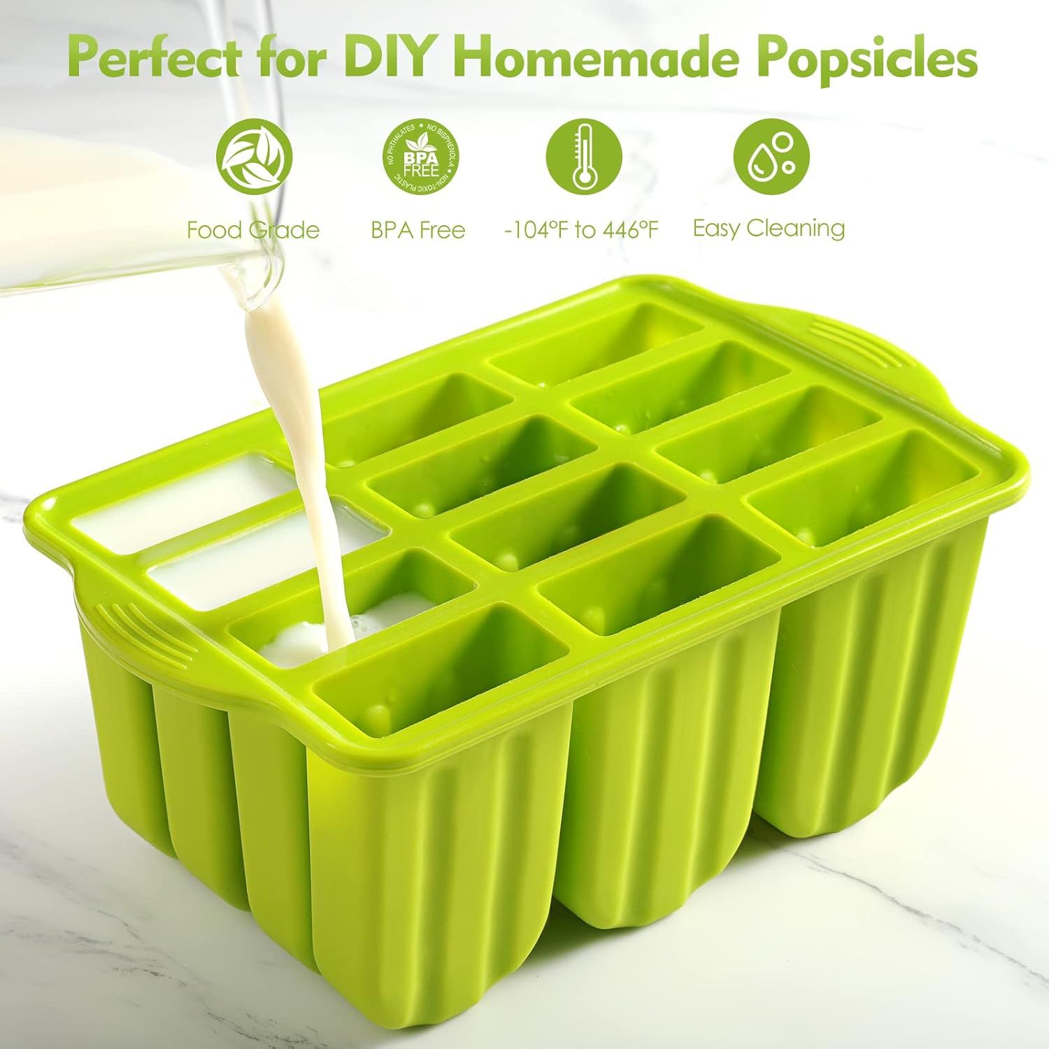 Popsicle Molds Silicone BPA-free,12 Pieces Popsicle Trays for Freezer,Homemade Ice Cream Popsicle Molds,Large Ice Pop Maker Set,Moldes Para Paletas,Ice Lolly Moulds with 100PCS Popsicle Sticks Green