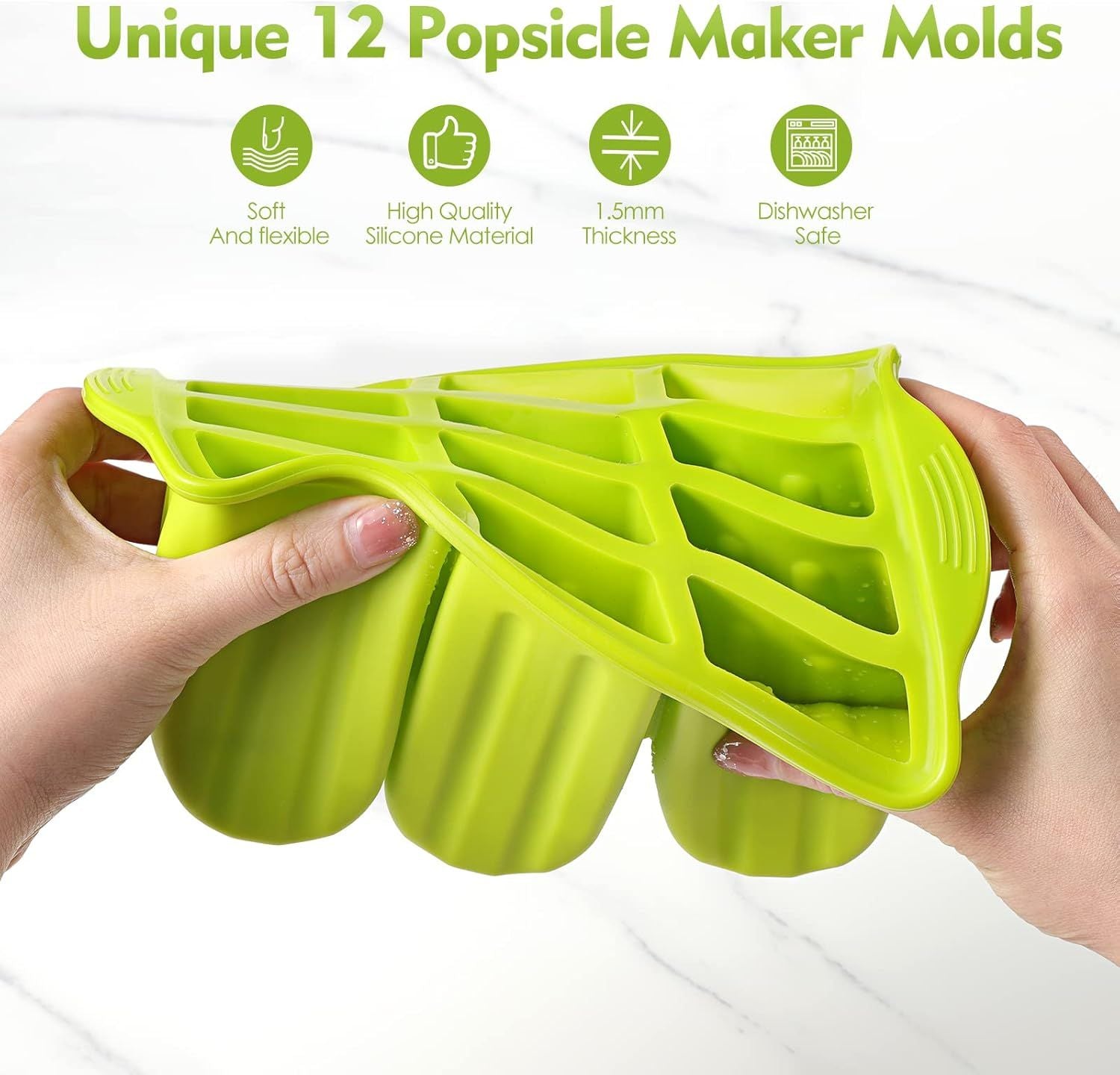 Popsicle Molds Silicone BPA-free,12 Pieces Popsicle Trays for Freezer,Homemade Ice Cream Popsicle Molds,Large Ice Pop Maker Set,Moldes Para Paletas,Ice Lolly Moulds with 100PCS Popsicle Sticks Green