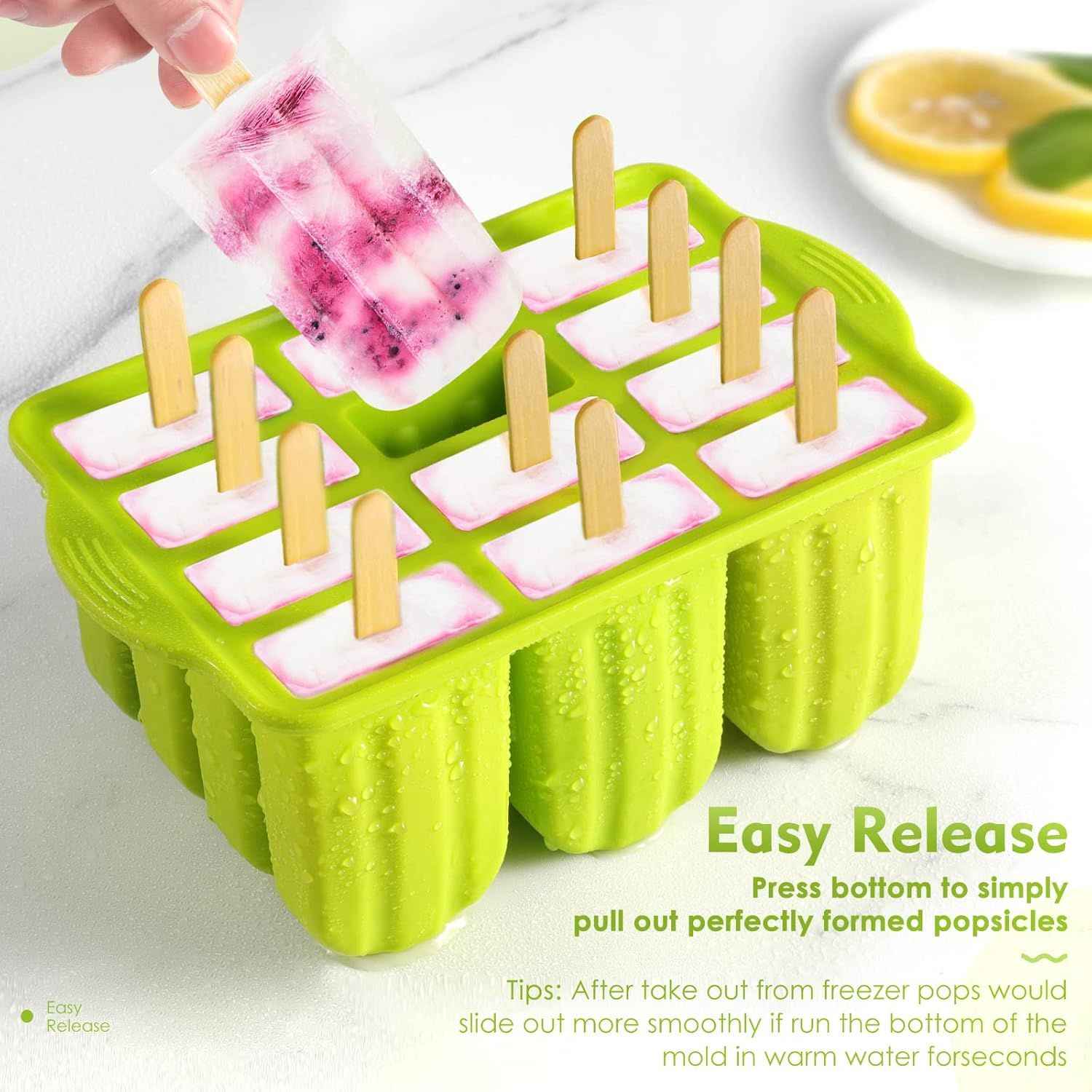 Popsicle Molds Silicone BPA-free,12 Pieces Popsicle Trays for Freezer,Homemade Ice Cream Popsicle Molds,Large Ice Pop Maker Set,Moldes Para Paletas,Ice Lolly Moulds with 100PCS Popsicle Sticks Green
