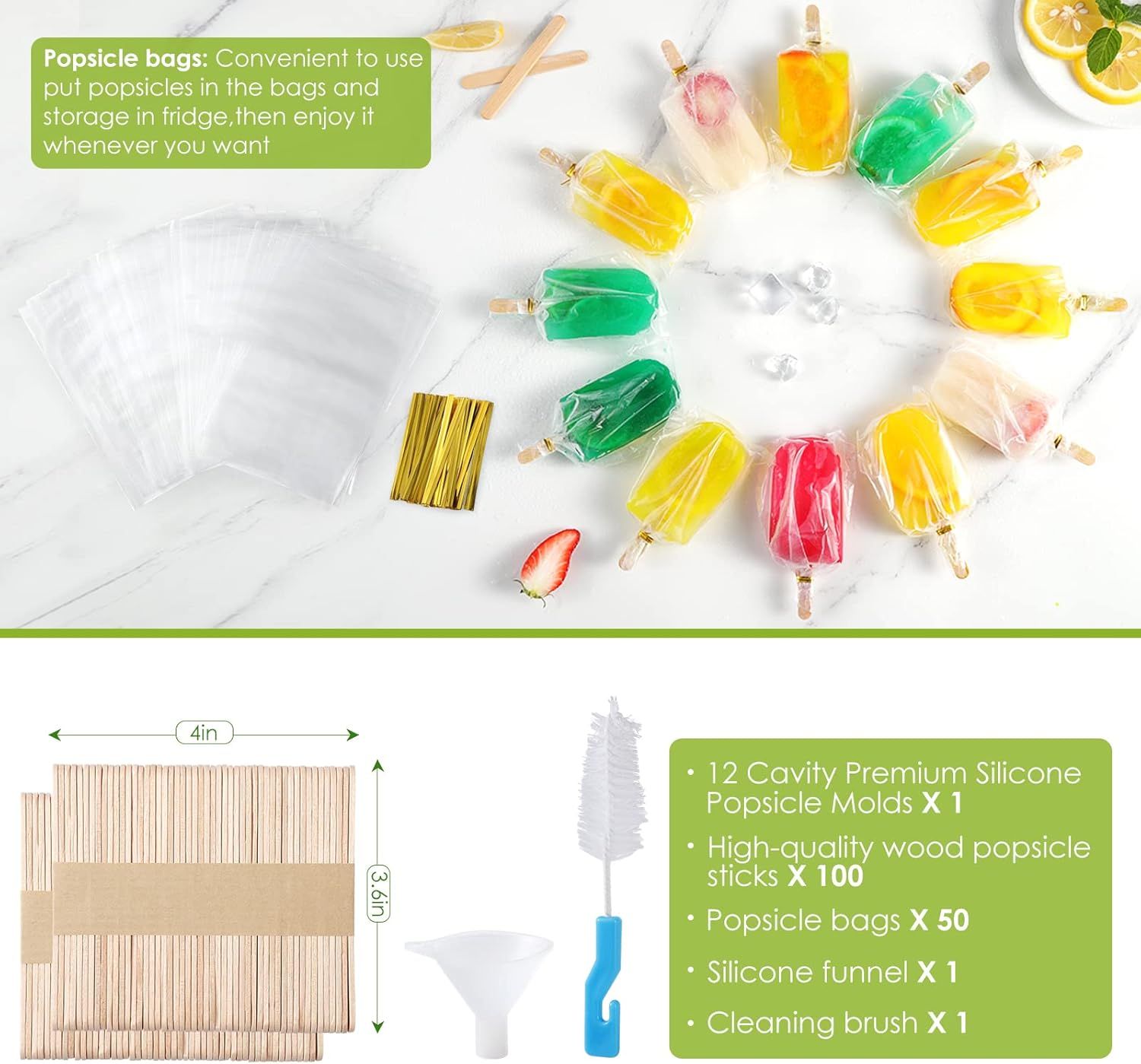 Popsicle Molds Silicone BPA-free,12 Pieces Popsicle Trays for Freezer,Homemade Ice Cream Popsicle Molds,Large Ice Pop Maker Set,Moldes Para Paletas,Ice Lolly Moulds with 100PCS Popsicle Sticks Green