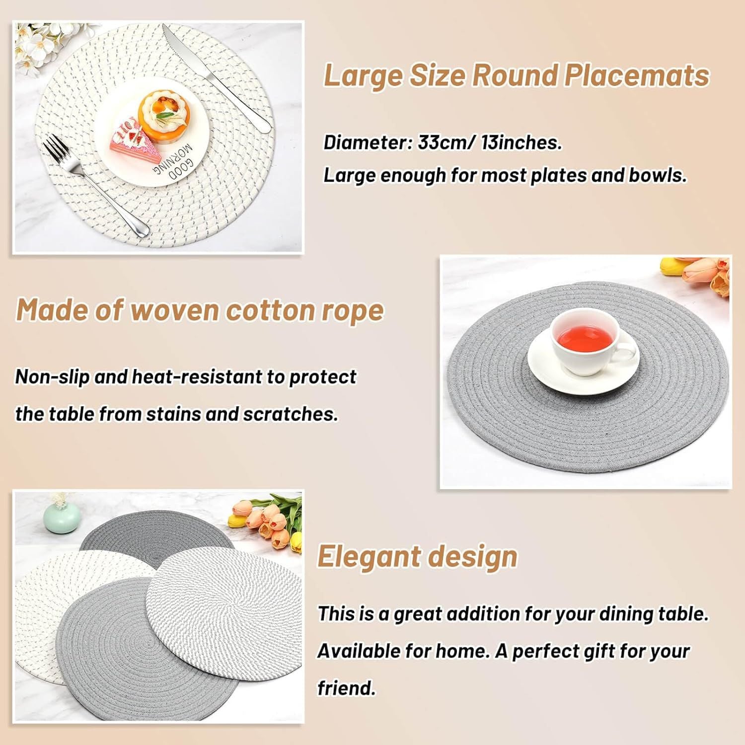 Round Woven Placemats Set of 4, 13 Inches Kitchen Table Place Mats for Dining Table, Trivets for Hot Pots and Pans, Boho Table Decorations for Table Setting, Tabletop Accessories