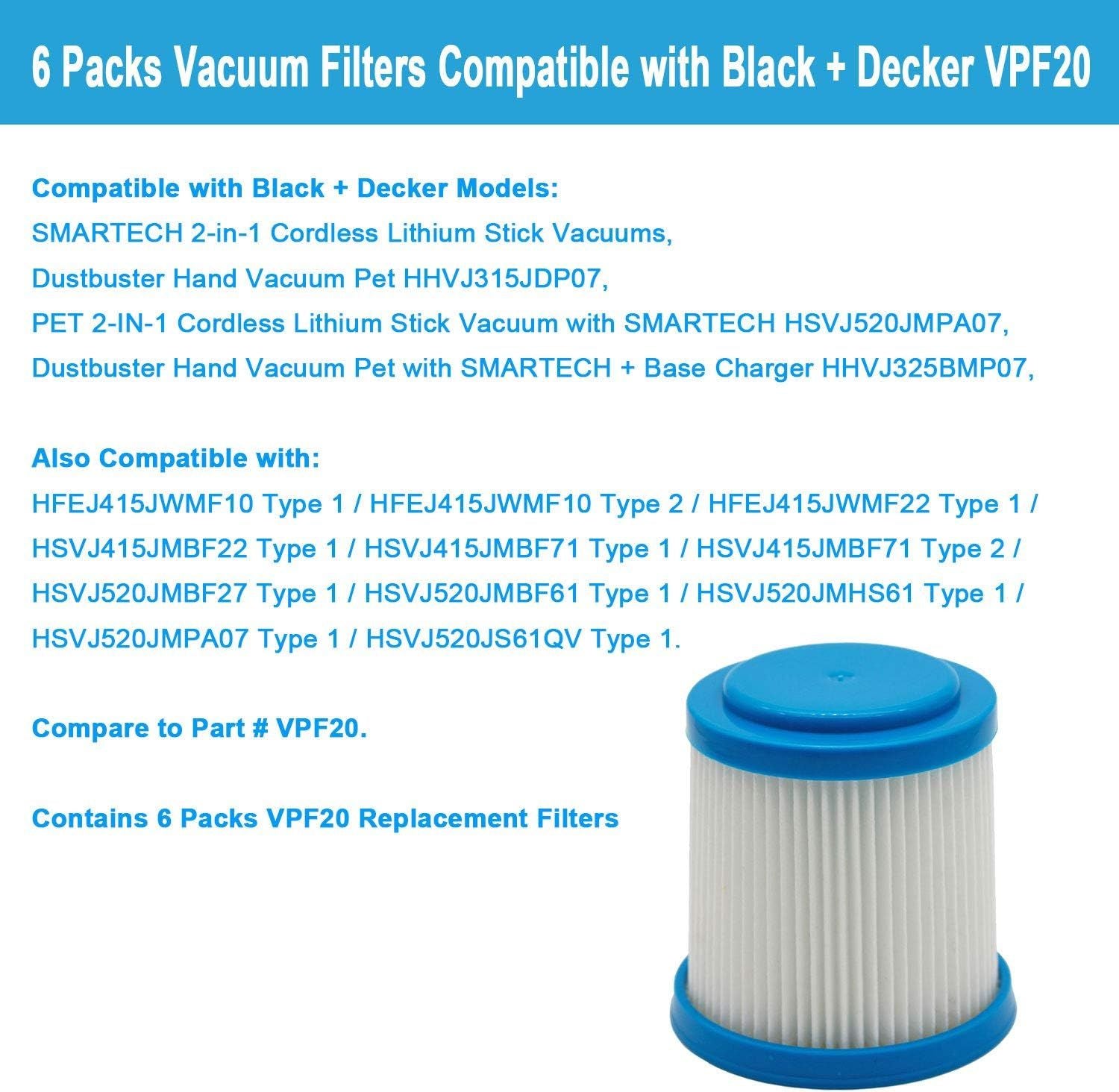 6 Packs VPF20 Replacement Filters for Black and Decker Smartech Pet 2-in-1 Stick Vacuum