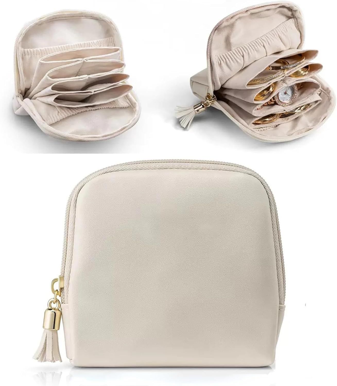 Leather Jewelry Organizer Pouch with Compartments, Travel Jewelry Case Portable Small Box for Necklace Bracelet Earring Beige