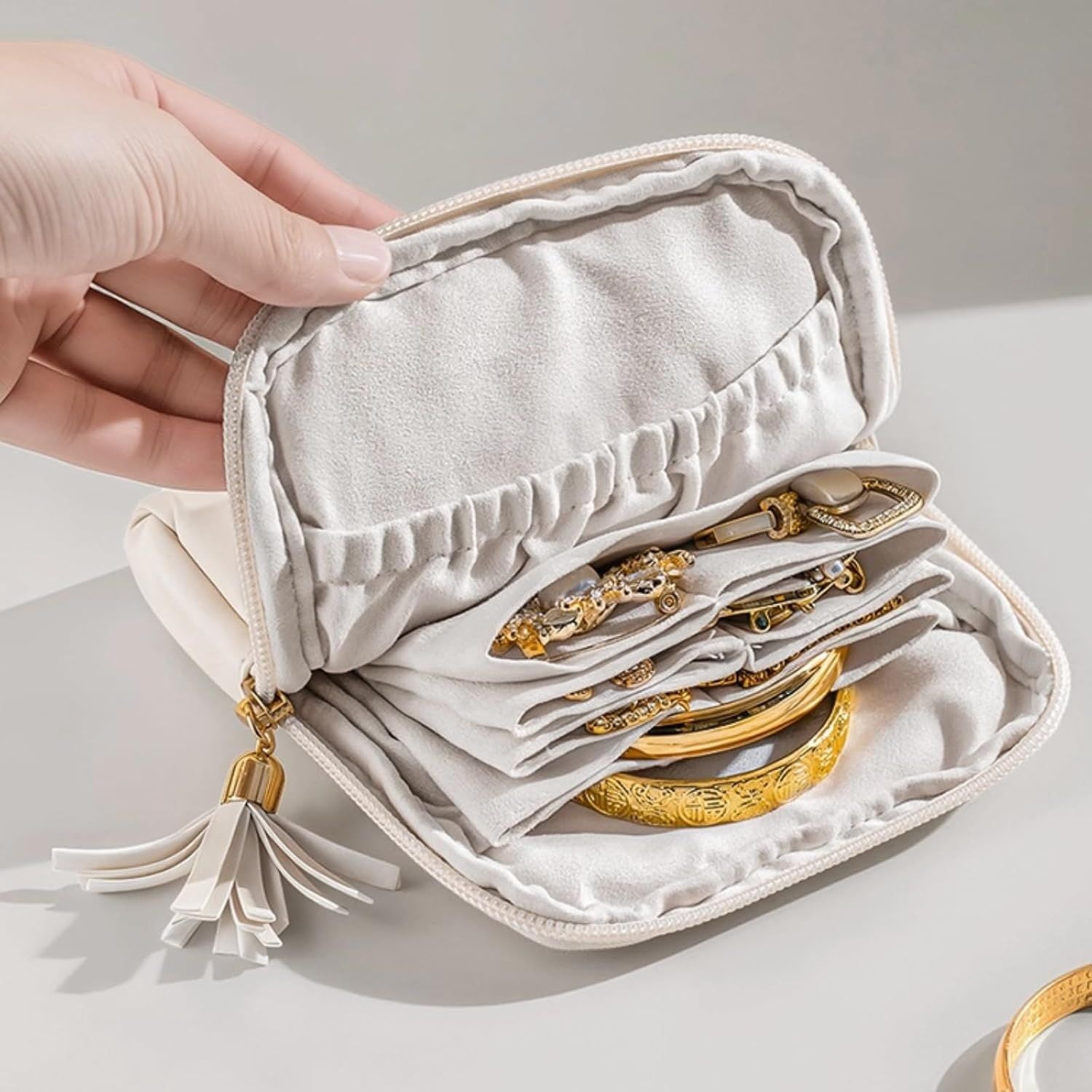 Leather Jewelry Organizer Pouch with Compartments, Travel Jewelry Case Portable Small Box for Necklace Bracelet Earring Beige