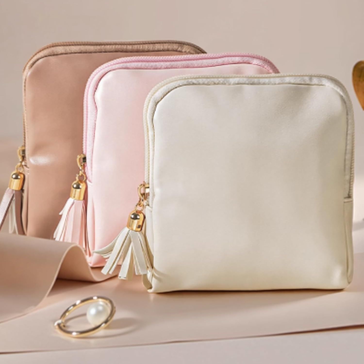 Leather Jewelry Organizer Pouch with Compartments, Travel Jewelry Case Portable Small Box for Necklace Bracelet Earring Beige