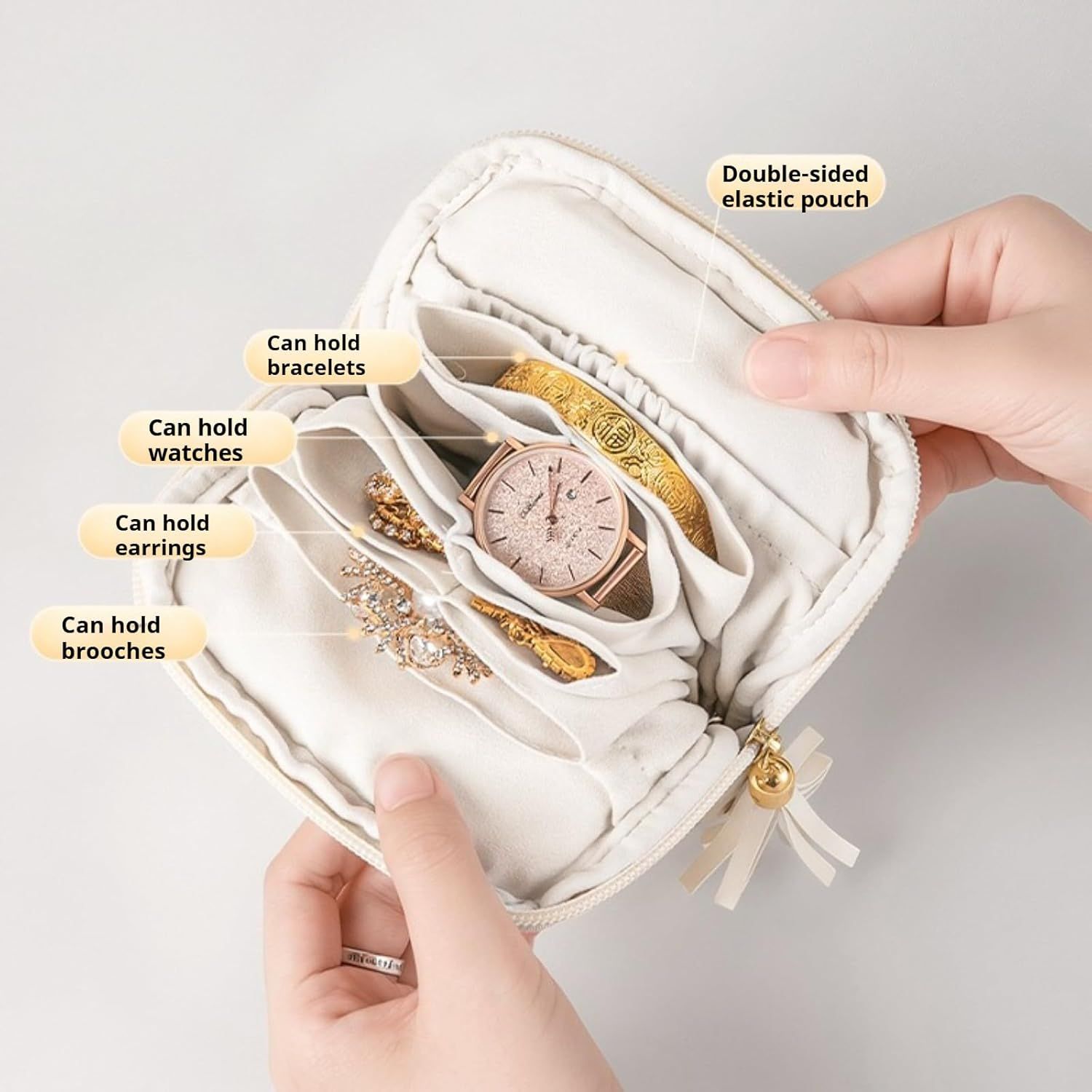 Leather Jewelry Organizer Pouch with Compartments, Travel Jewelry Case Portable Small Box for Necklace Bracelet Earring Beige
