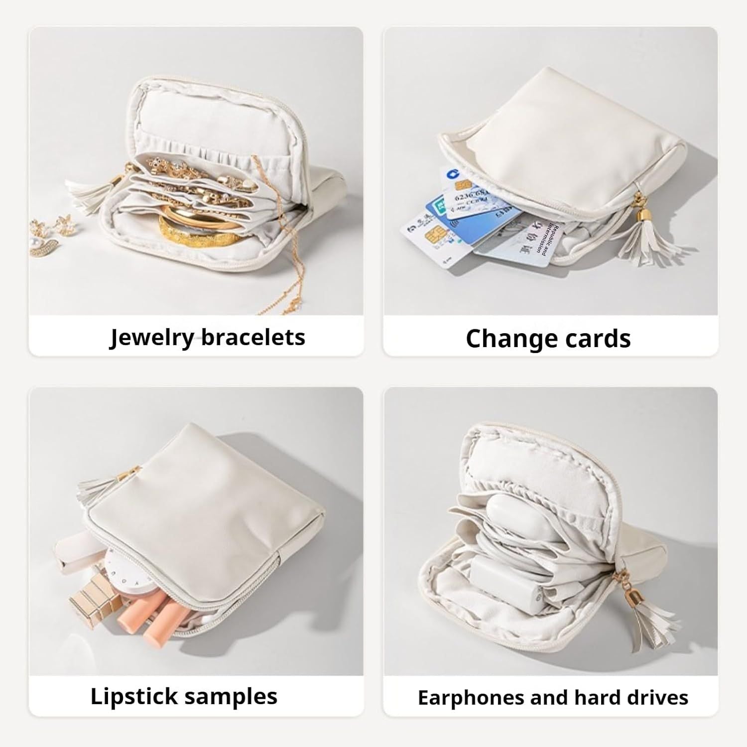Leather Jewelry Organizer Pouch with Compartments, Travel Jewelry Case Portable Small Box for Necklace Bracelet Earring Beige