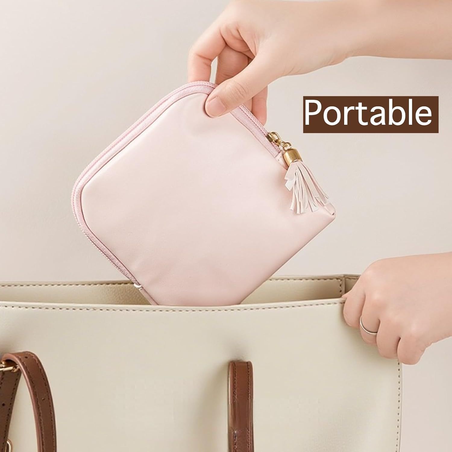 Leather Jewelry Organizer Pouch with Compartments, Travel Jewelry Case Portable Small Box for Necklace Bracelet Earring Beige