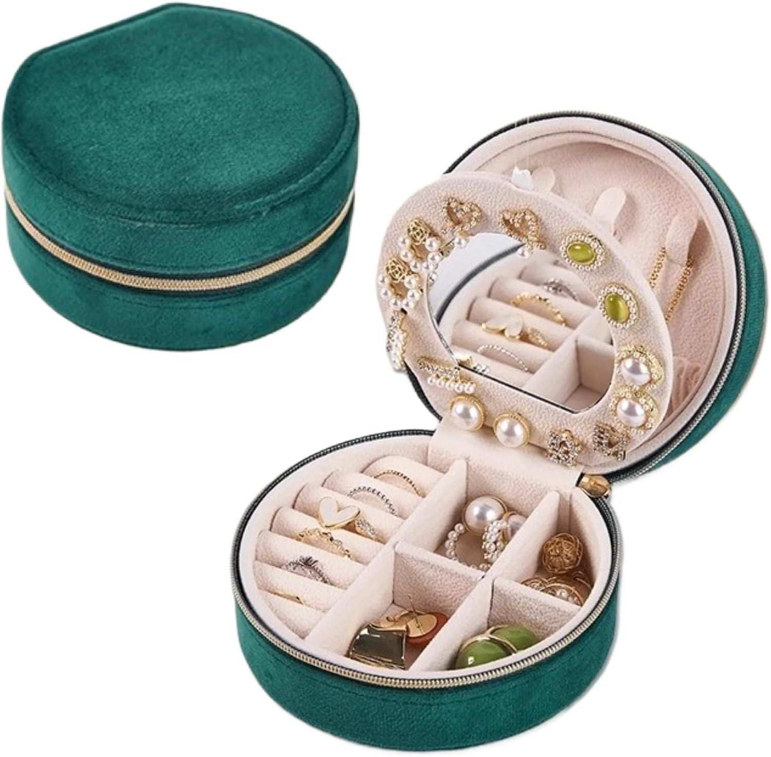 Small Portable Jewelry Box with Mirror for Travel, Luxury 3 Layers Jewelry Organizer Compact Case for Necklace Earring Green Round