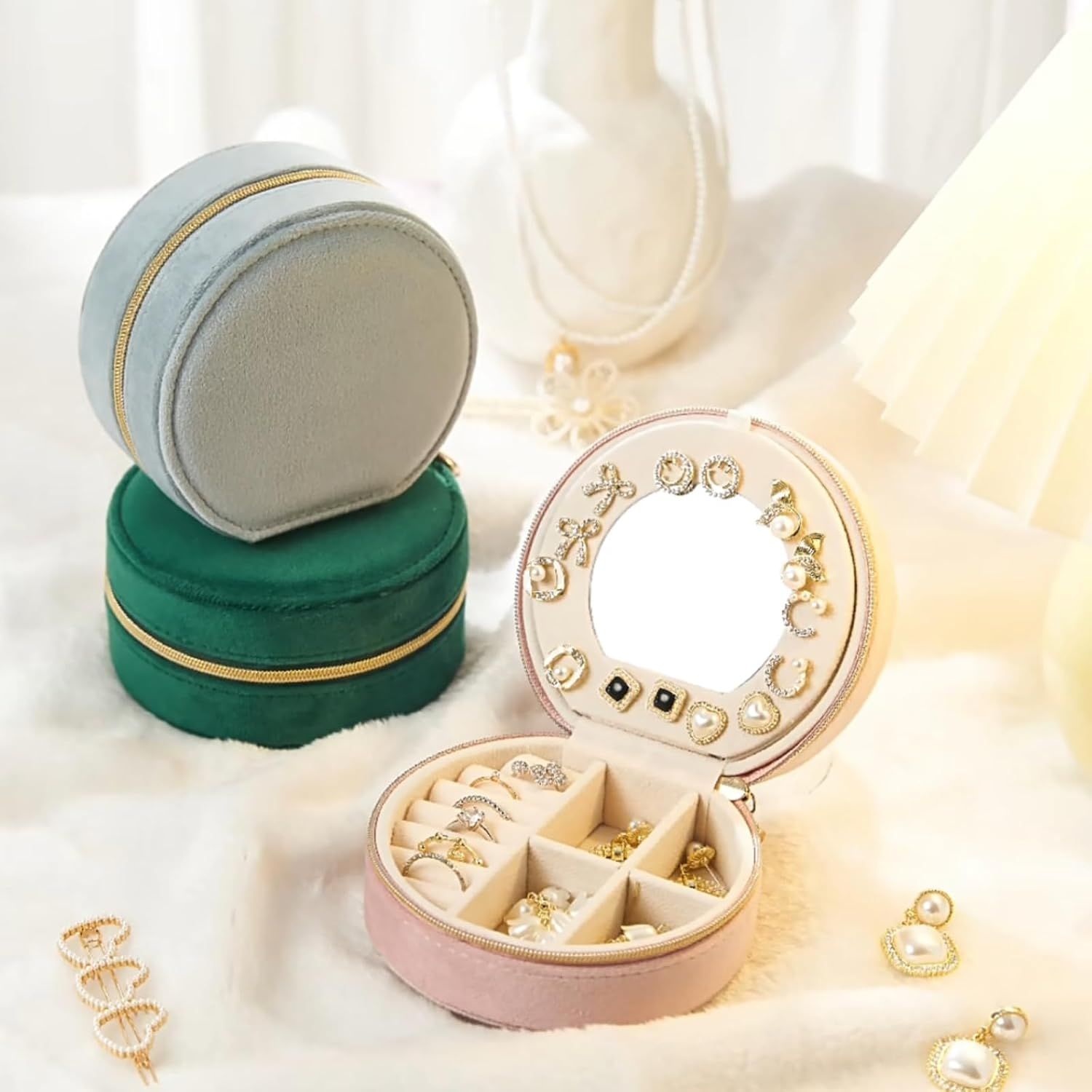 Small Portable Jewelry Box with Mirror for Travel, Luxury 3 Layers Jewelry Organizer Compact Case for Necklace Earring Green Round