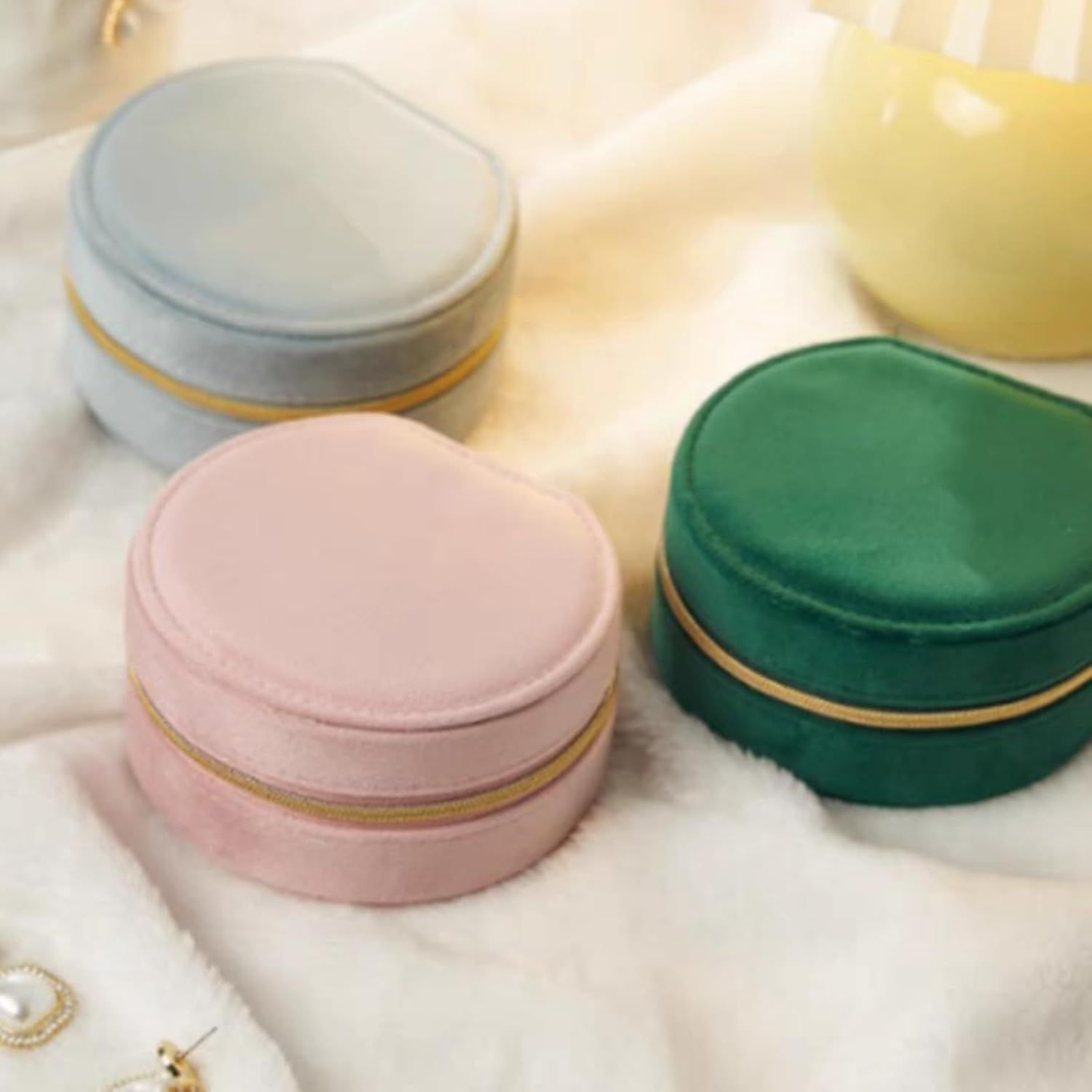 Small Portable Jewelry Box with Mirror for Travel, Luxury 3 Layers Jewelry Organizer Compact Case for Necklace Earring Green Round