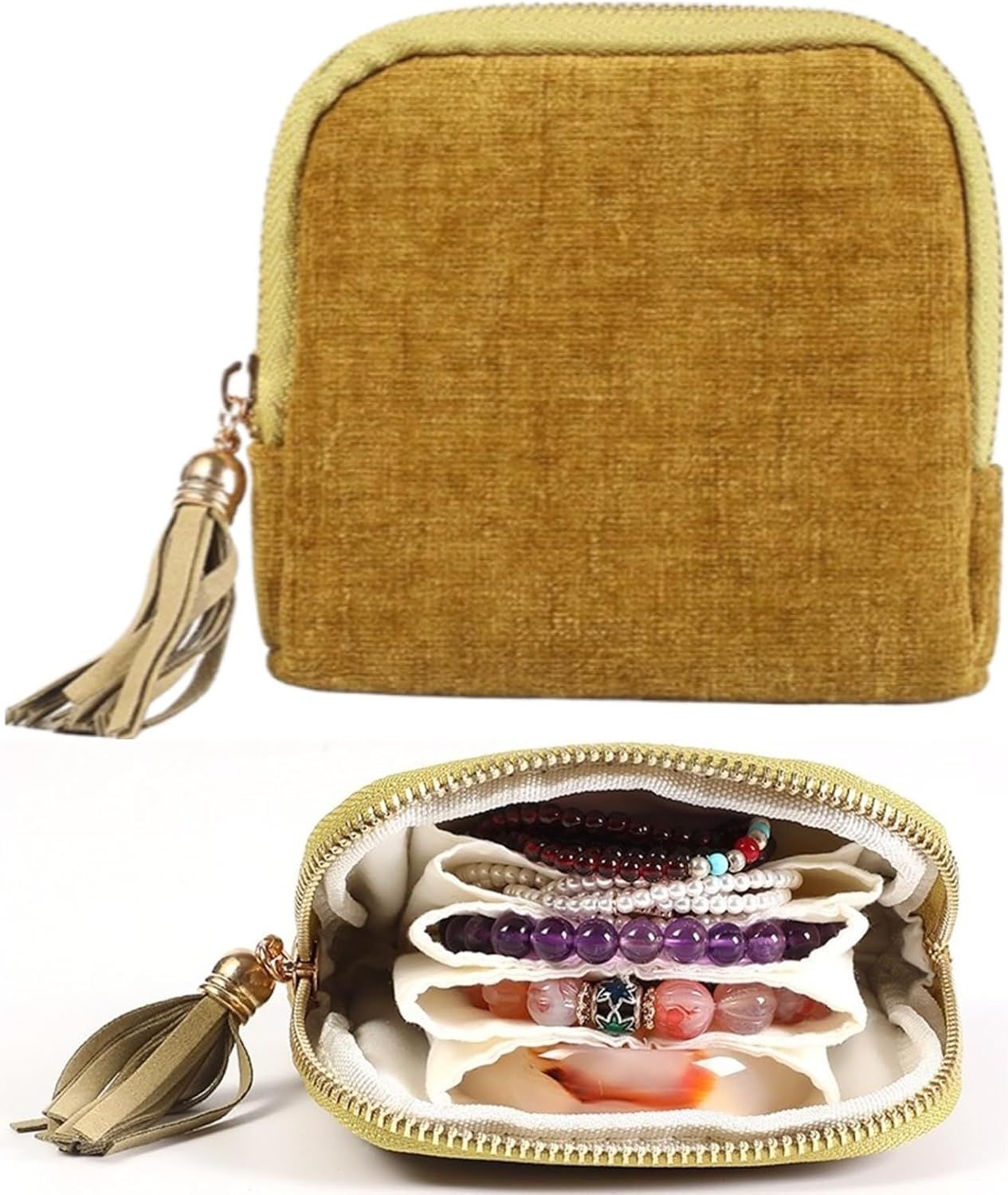 Velvet Jewelry Travel Pouch with 5 Compartments Tassel Zipper for Bracelets Necklace, Tangle Free Portable Jewelry Case Brown