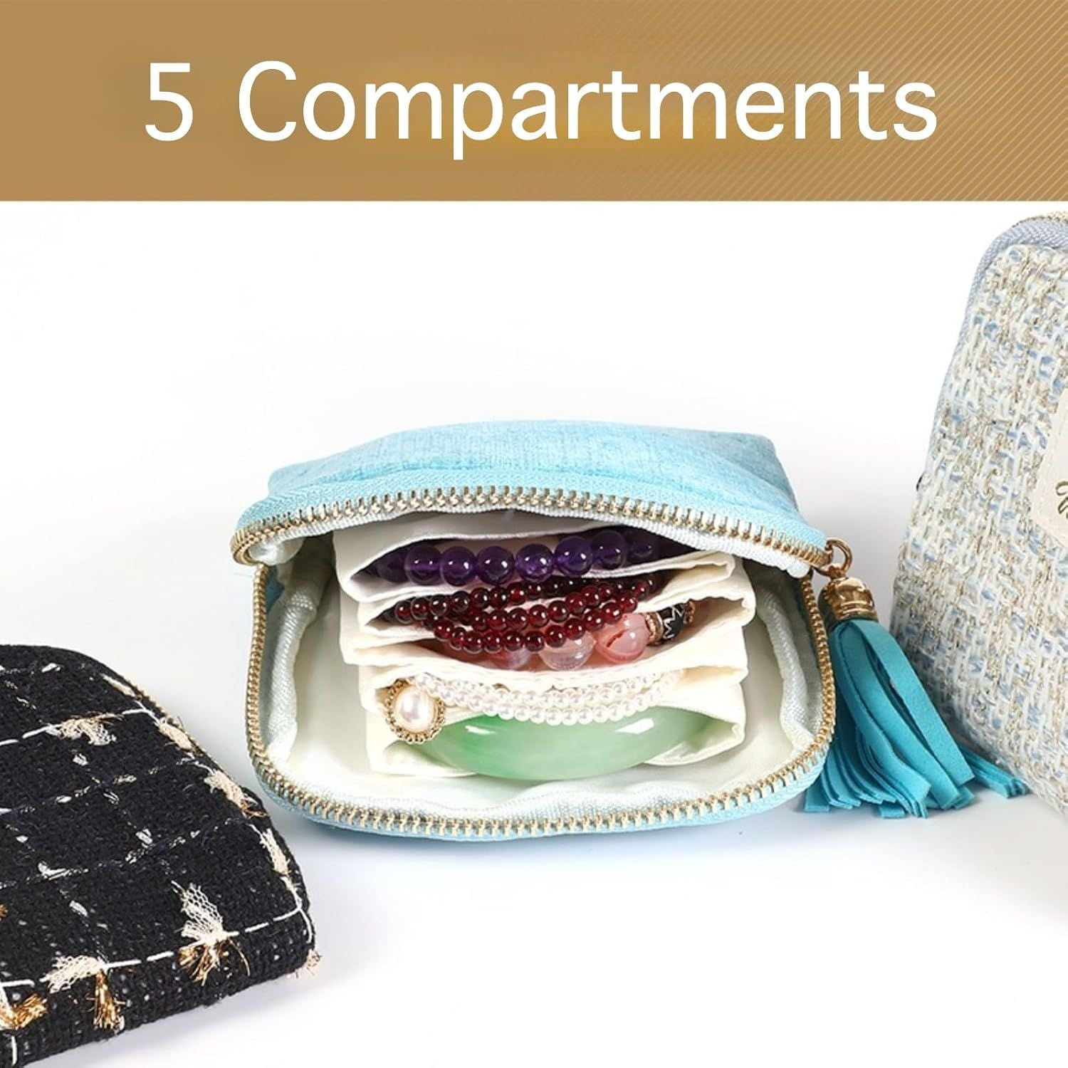 Velvet Jewelry Travel Pouch with 5 Compartments Tassel Zipper for Bracelets Necklace, Tangle Free Portable Jewelry Case Brown