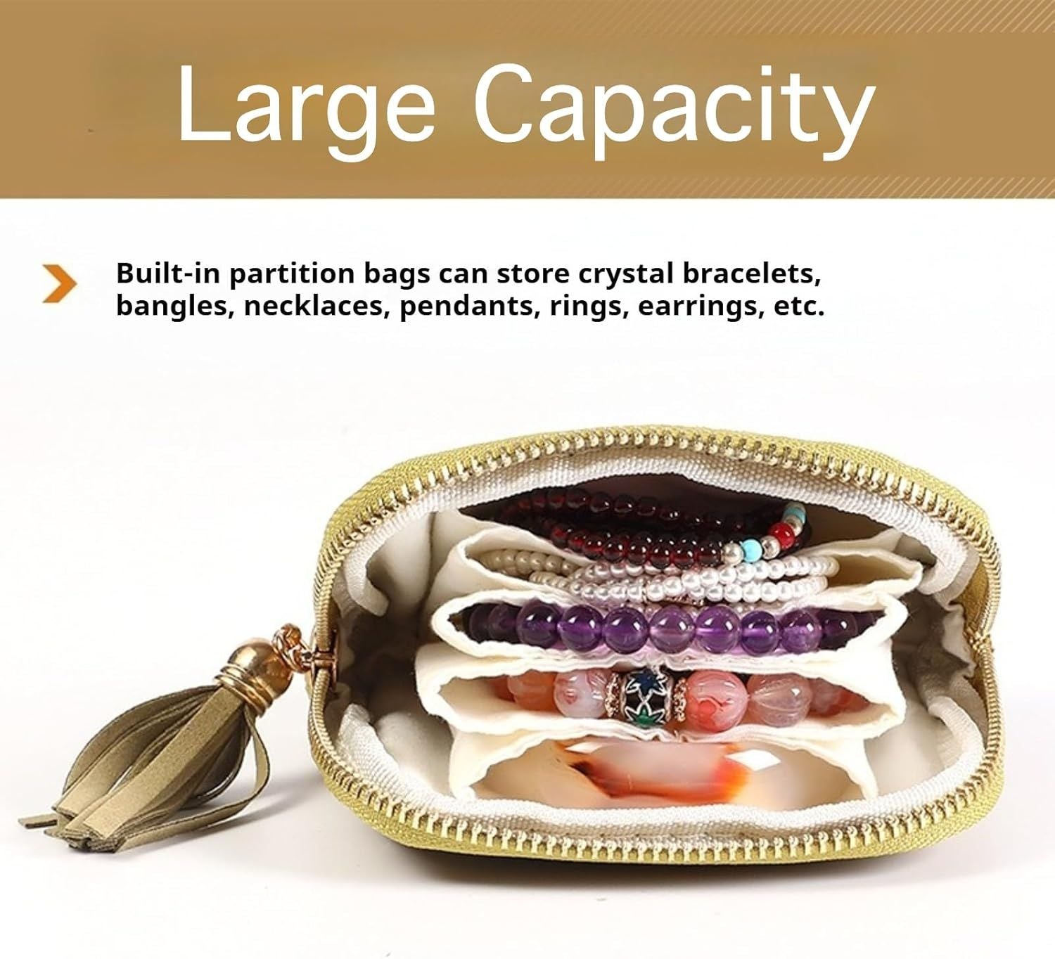 Velvet Jewelry Travel Pouch with 5 Compartments Tassel Zipper for Bracelets Necklace, Tangle Free Portable Jewelry Case Brown