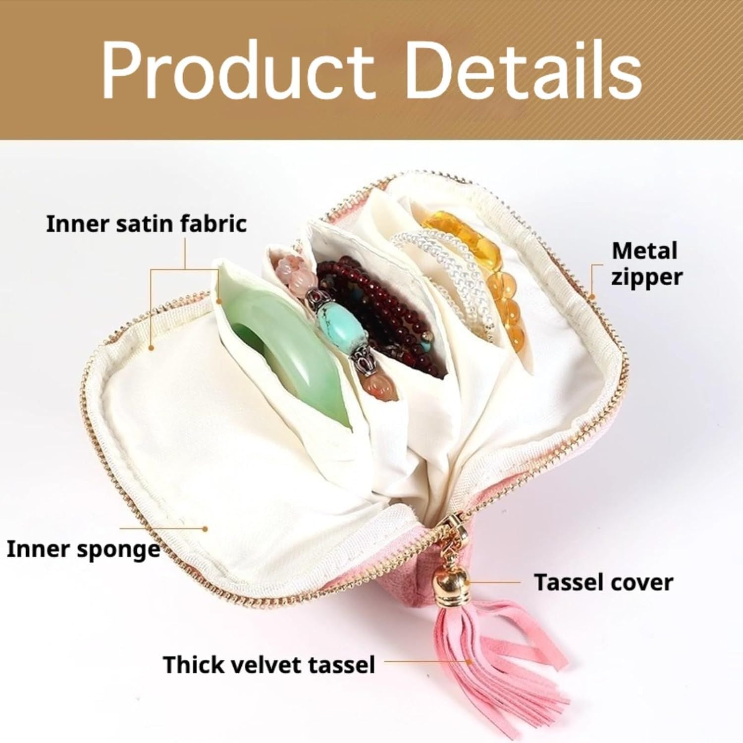 Velvet Jewelry Travel Pouch with 5 Compartments Tassel Zipper for Bracelets Necklace, Tangle Free Portable Jewelry Case Brown