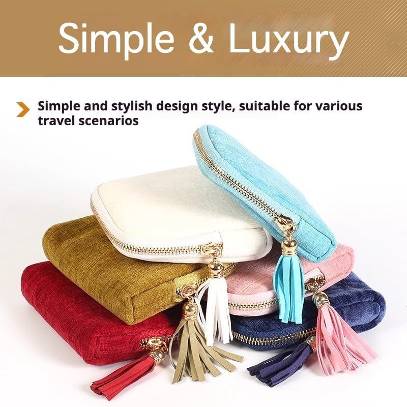Velvet Jewelry Travel Pouch with 5 Compartments Tassel Zipper for Bracelets Necklace, Tangle Free Portable Jewelry Case Brown