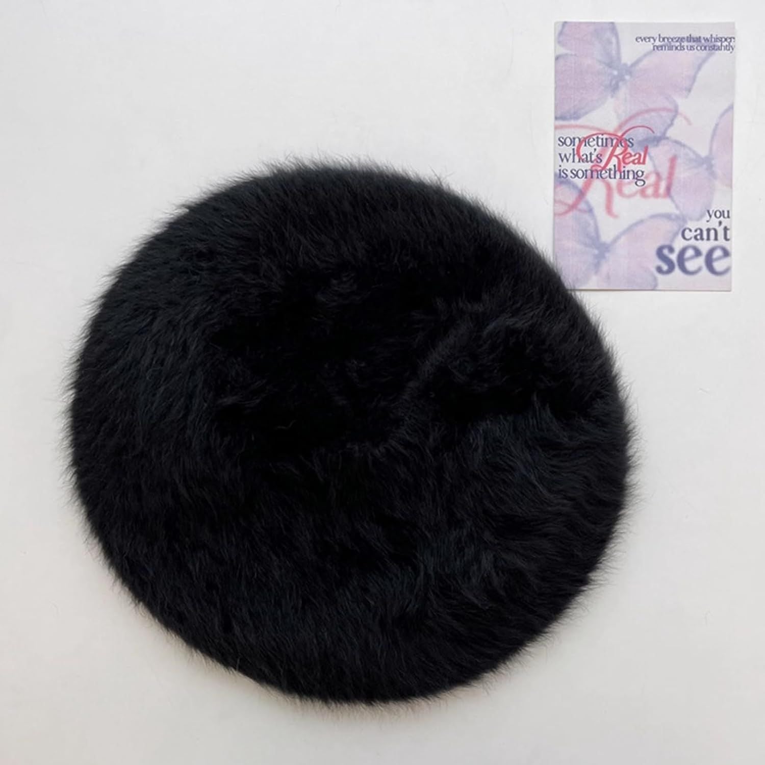 Fuzzy Faux Fur Beret with Heart Bow Butterfly Metal Gems for Women, Winter Atmosphere Artist Hat for A Slim Face Look