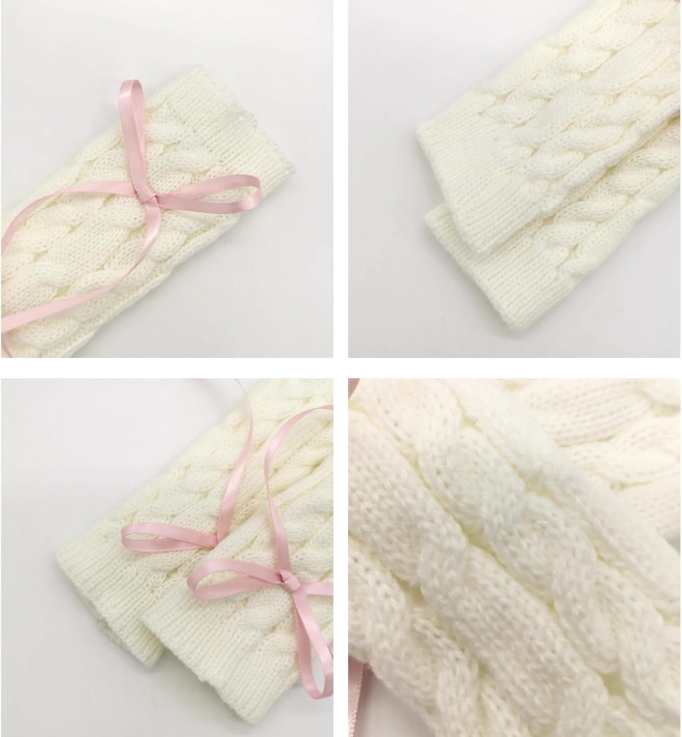Cable Knitted Hand Warmer Half Finger Mittens with Silky Bowknot, Women's Arm Warmers Sleeve Gloves for Winter