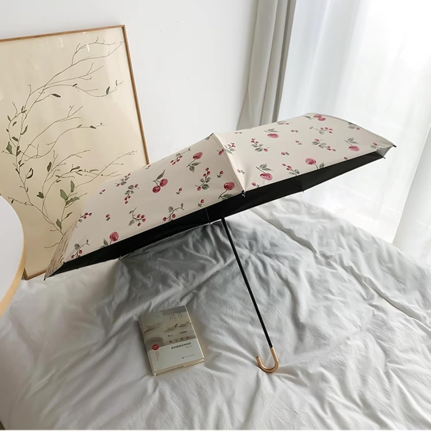 Portable Cherry Sun Umbrella with UPF50+ UV Protection, Foldable Compact Sun & Rain Travel Umbrellas with Curved Hook