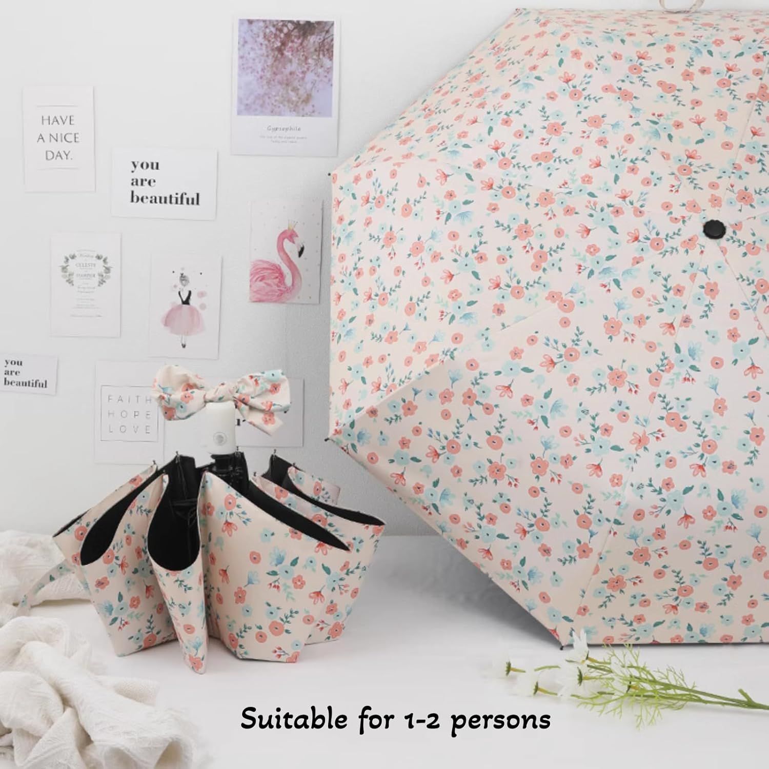 French Style Floral Foldable UV Protection Umbrella for Women, Automatic Open Close Sun & Rain Portable Mini Compact Travel Umbrellas