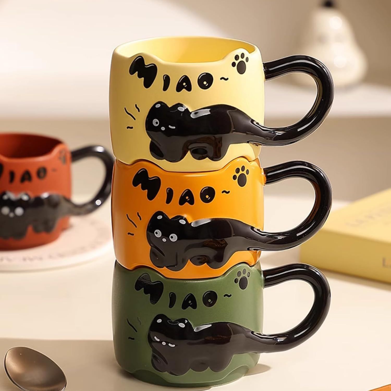 13 Oz Embossed Ceramic Cute Cat Coffee Mug Tea Mug, Creative Couple Family Cup with Handle for Home Office red,13 Oz