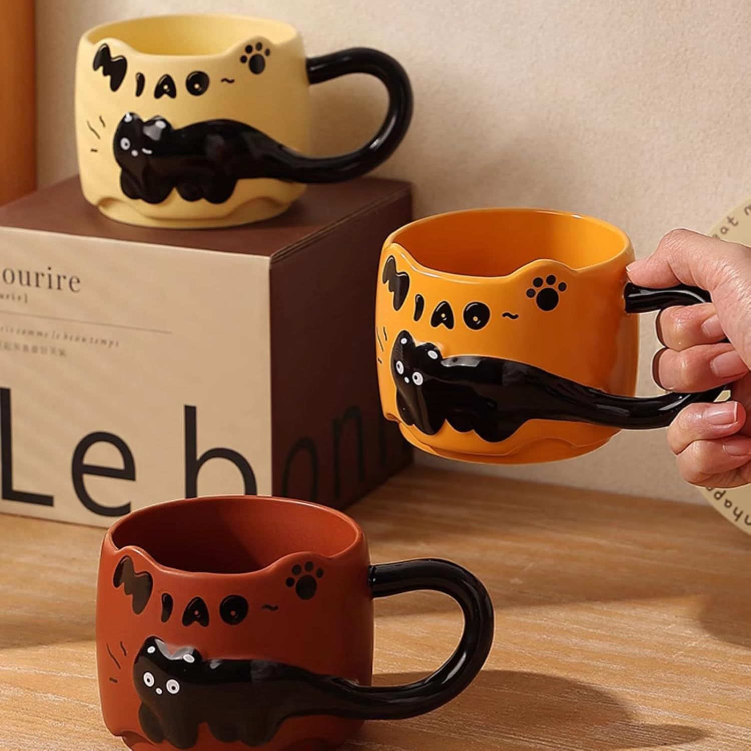13 Oz Embossed Ceramic Cute Cat Coffee Mug Tea Mug, Creative Couple Family Cup with Handle for Home Office red,13 Oz