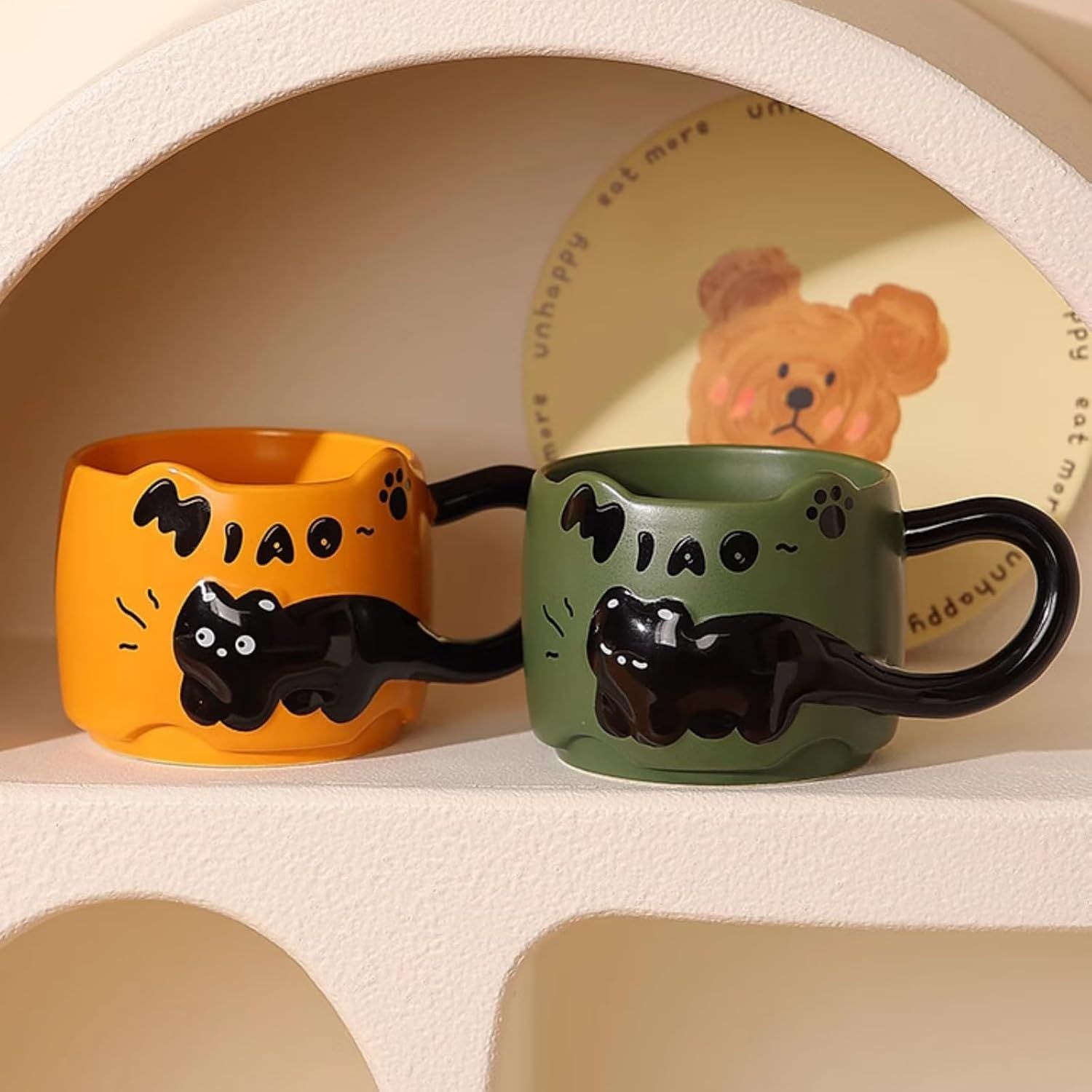 13 Oz Embossed Ceramic Cute Cat Coffee Mug Tea Mug, Creative Couple Family Cup with Handle for Home Office red,13 Oz