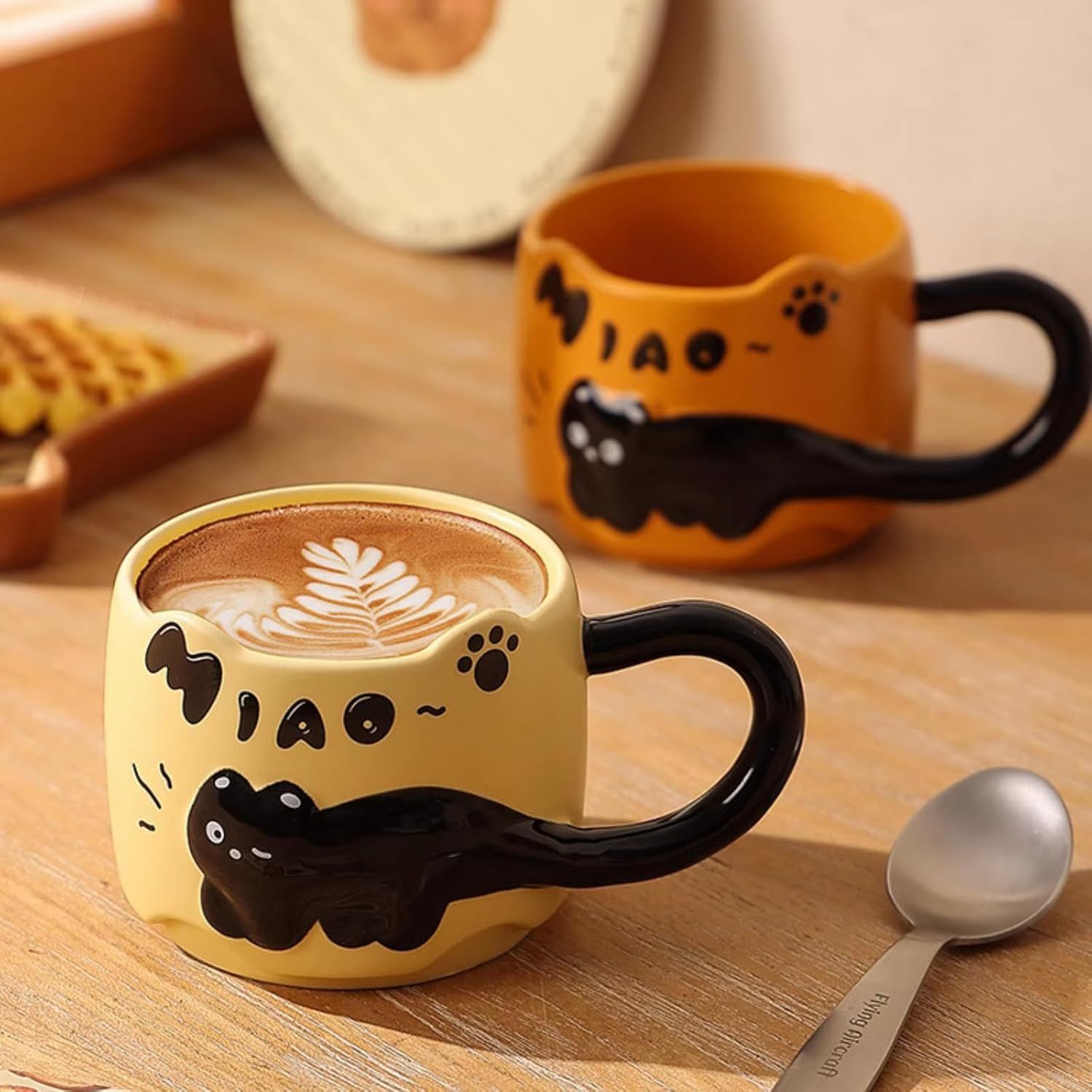 13 Oz Embossed Ceramic Cute Cat Coffee Mug Tea Mug, Creative Couple Family Cup with Handle for Home Office red,13 Oz