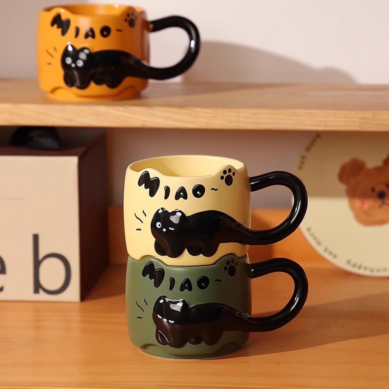 13 Oz Embossed Ceramic Cute Cat Coffee Mug Tea Mug, Creative Couple Family Cup with Handle for Home Office red,13 Oz
