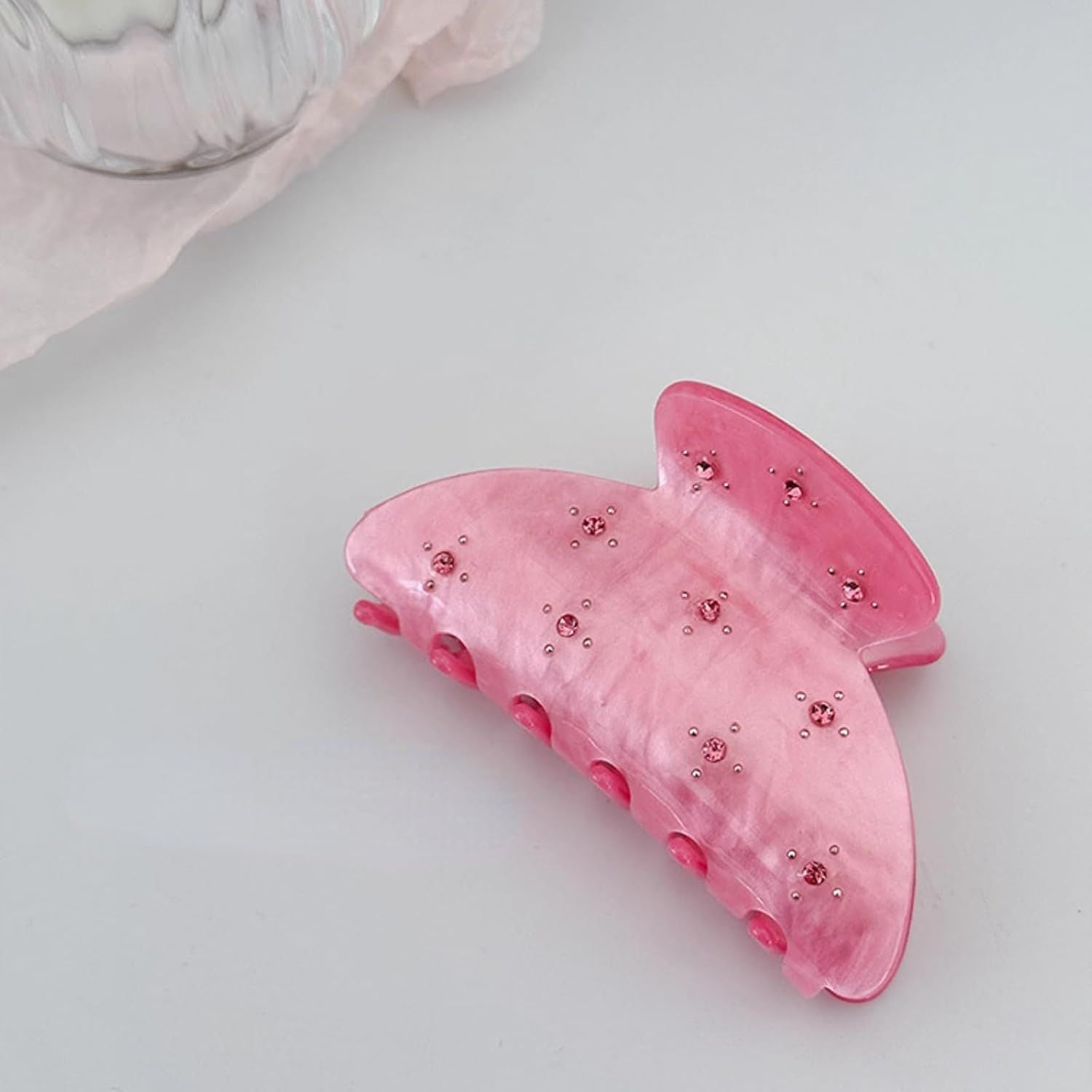 2 Pcs Bright Pink Hair Claws with Sparkling Small Gems, Elegant Starry Medium Hair Clip for Half Up Hairstyles Pink + Rose