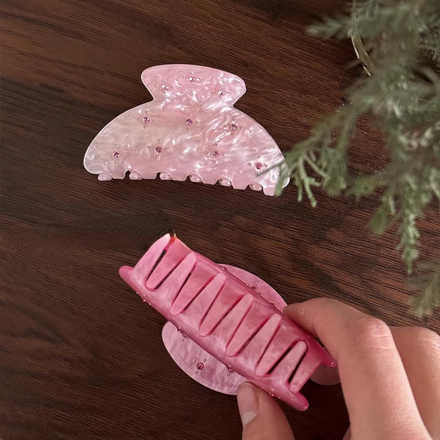 2 Pcs Bright Pink Hair Claws with Sparkling Small Gems, Elegant Starry Medium Hair Clip for Half Up Hairstyles Pink + Rose