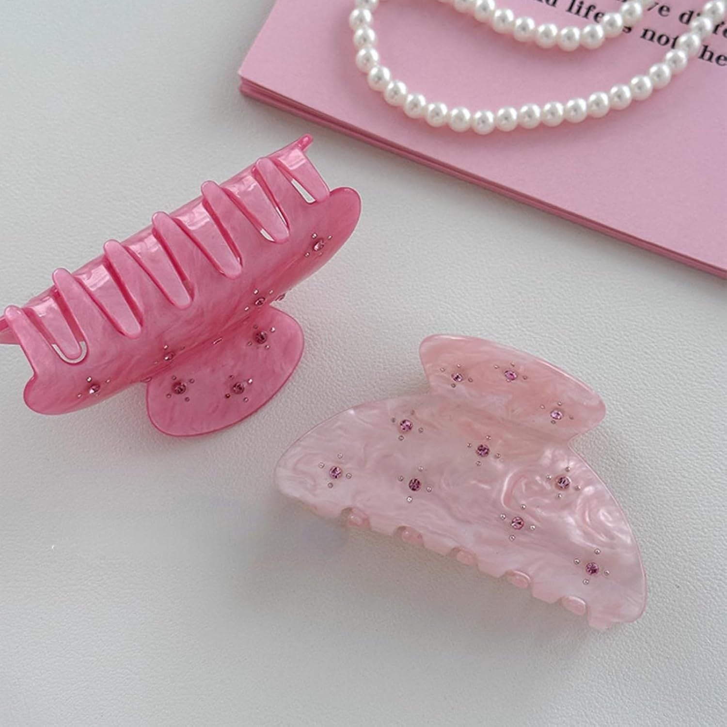2 Pcs Bright Pink Hair Claws with Sparkling Small Gems, Elegant Starry Medium Hair Clip for Half Up Hairstyles Pink + Rose