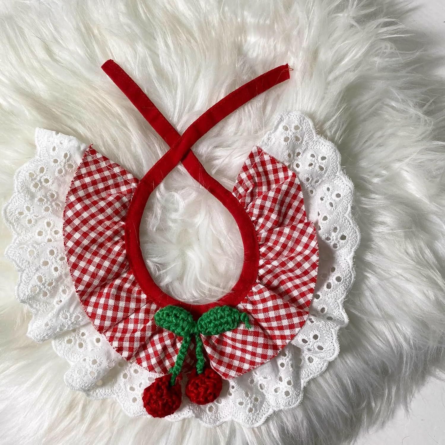 Cute Dog Cat Bandana, Pet Accessory Collar with Red Plaids Lace Edge Knitted Cherry Strawberry Charm Cherry,XL