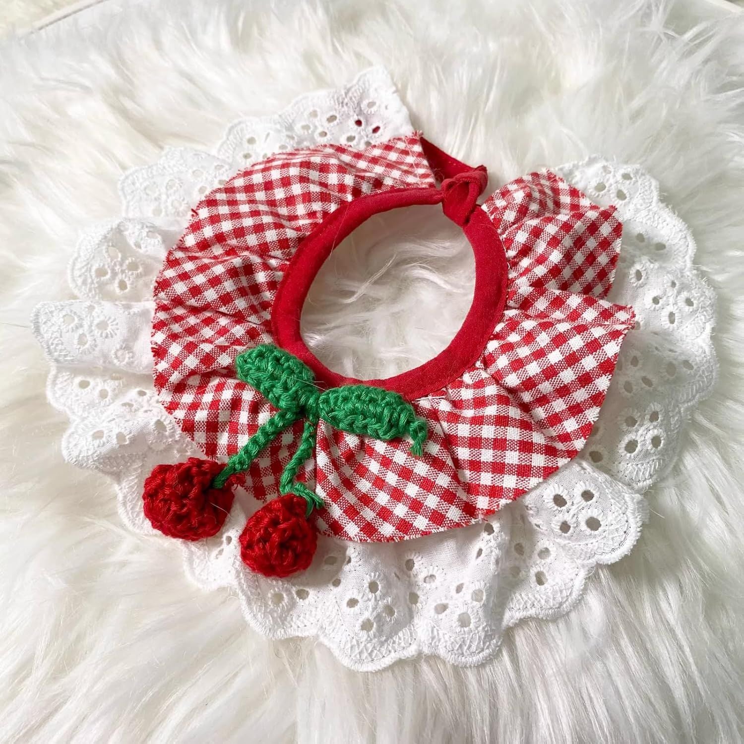 Cute Dog Cat Bandana, Pet Accessory Collar with Red Plaids Lace Edge Knitted Cherry Strawberry Charm Cherry,XL