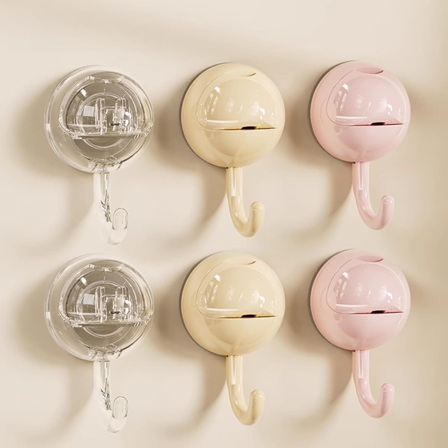 No-Drill Round Vacuum Suction Cup Hooks Pastel Colors, Strong Hold No-Trace Storage Hangers for Kitchen Bathroom Towel Clear Beige Pink,6