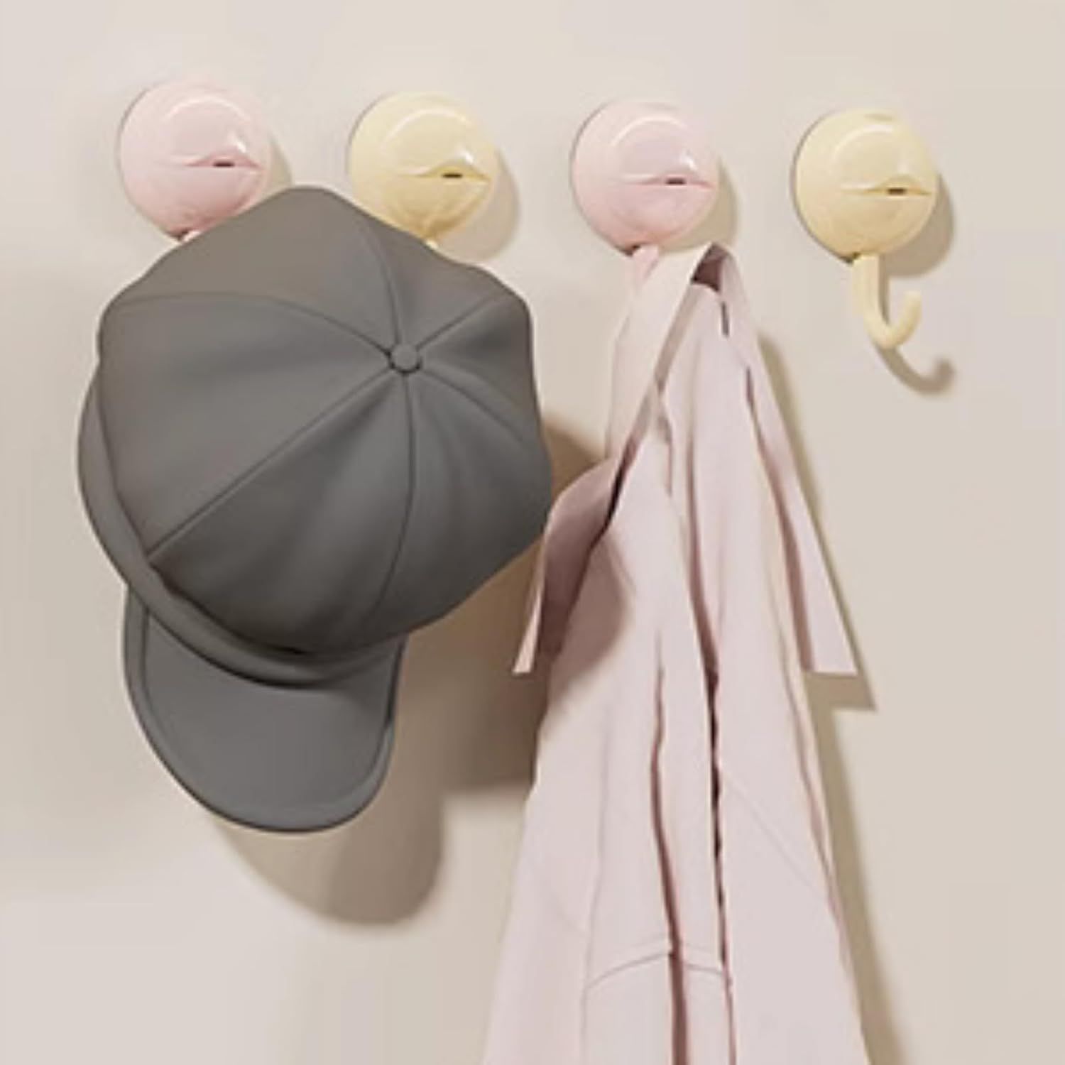 No-Drill Round Vacuum Suction Cup Hooks Pastel Colors, Strong Hold No-Trace Storage Hangers for Kitchen Bathroom Towel Clear Beige Pink,6