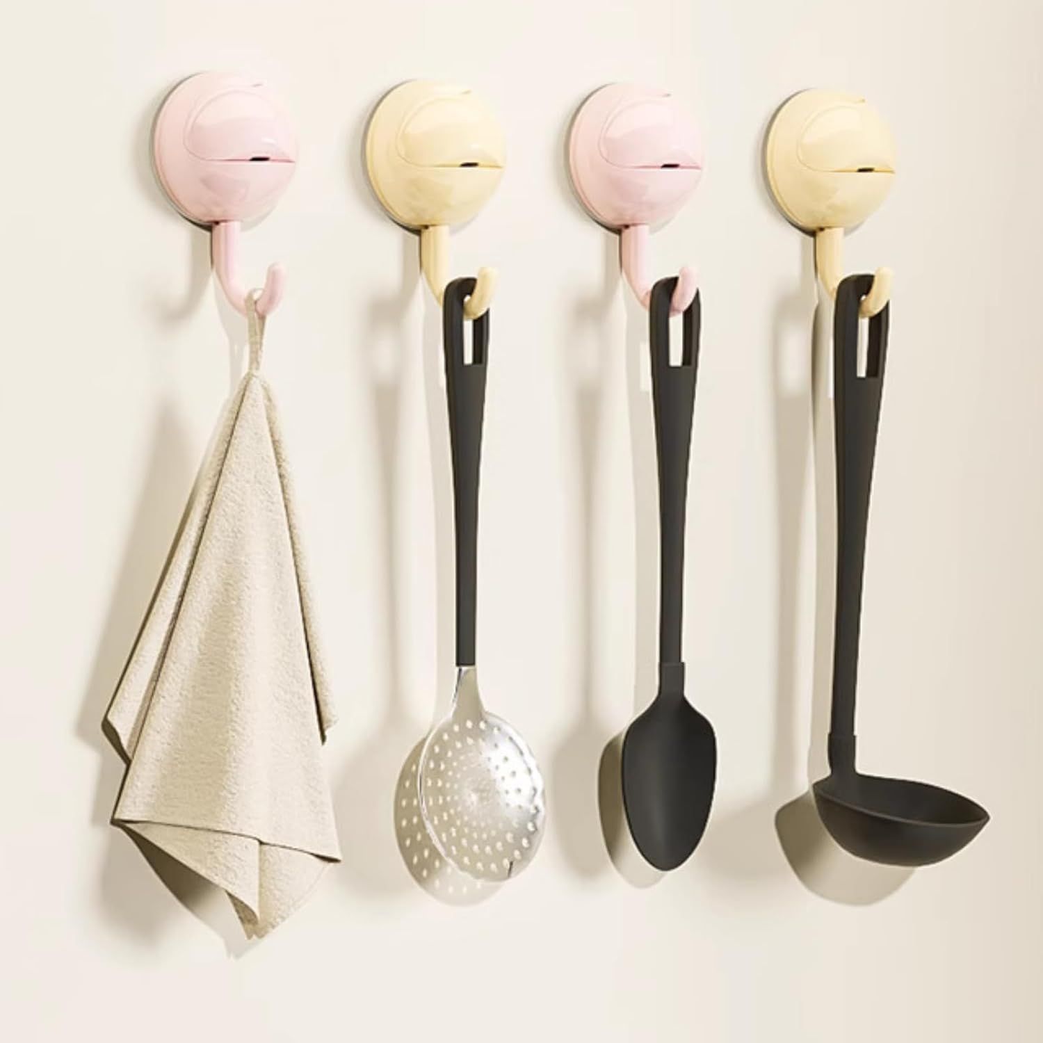 No-Drill Round Vacuum Suction Cup Hooks Pastel Colors, Strong Hold No-Trace Storage Hangers for Kitchen Bathroom Towel Clear Beige Pink,6